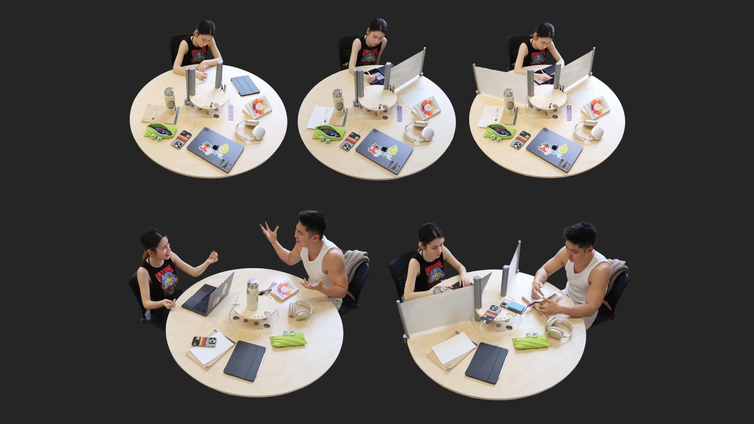 Multiple images of people sitting at a round table with a partition creating distinct spaces on the table.