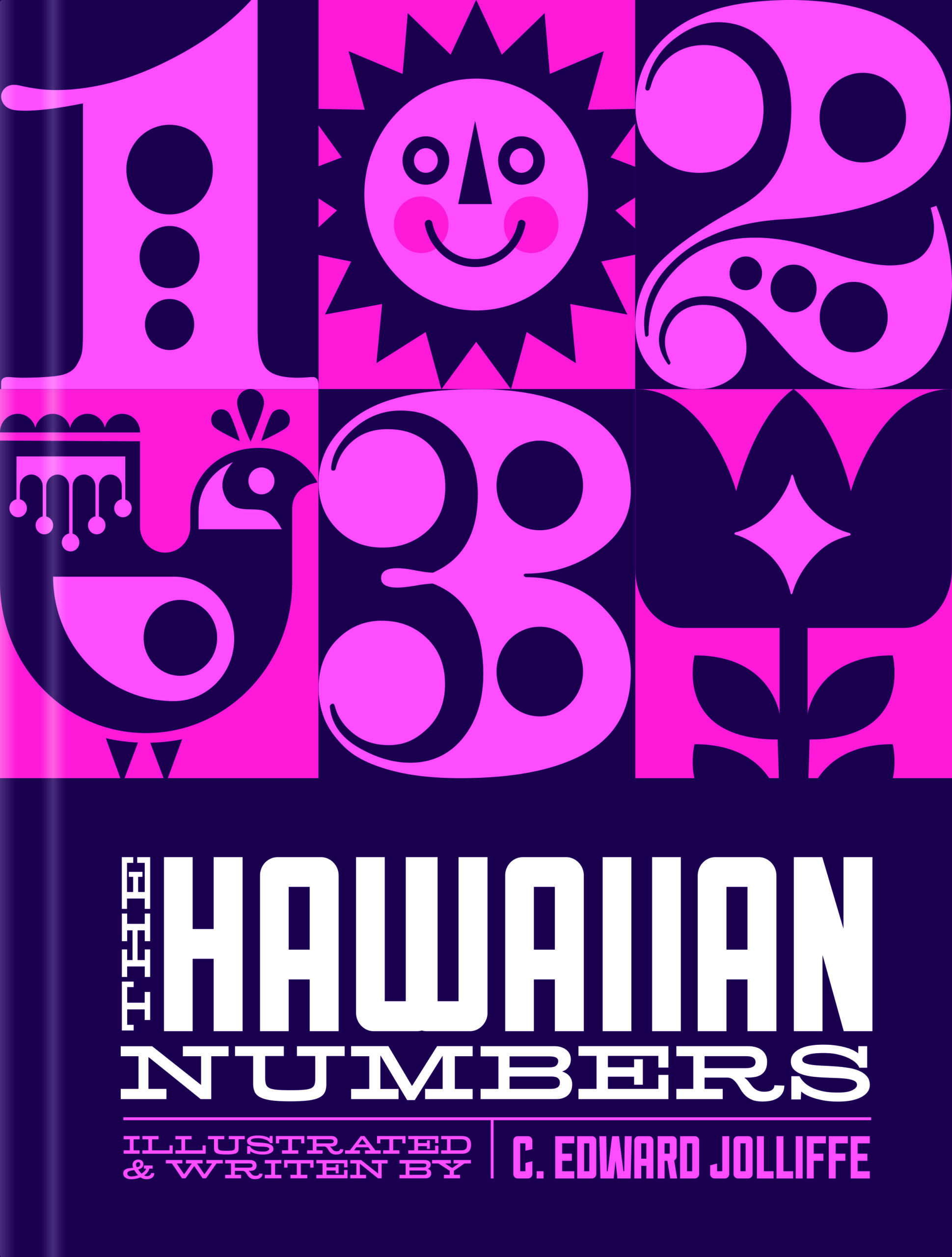 Book cover with numbers 1, 2, 3 rendered in bold graphic magenta alongside illustrations of a sun, bird, and flower above the title The Hawaiian Numbers