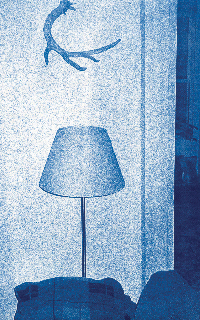 A monochromatic blue image features a floor lamp with a round shade positioned in front of a white wall. Above the lamp hangs a decorative antler, while a soft surface, possibly a blanket or a couch, is visible in the foreground. The overall tone is soft and the textures are subtly highlighted.