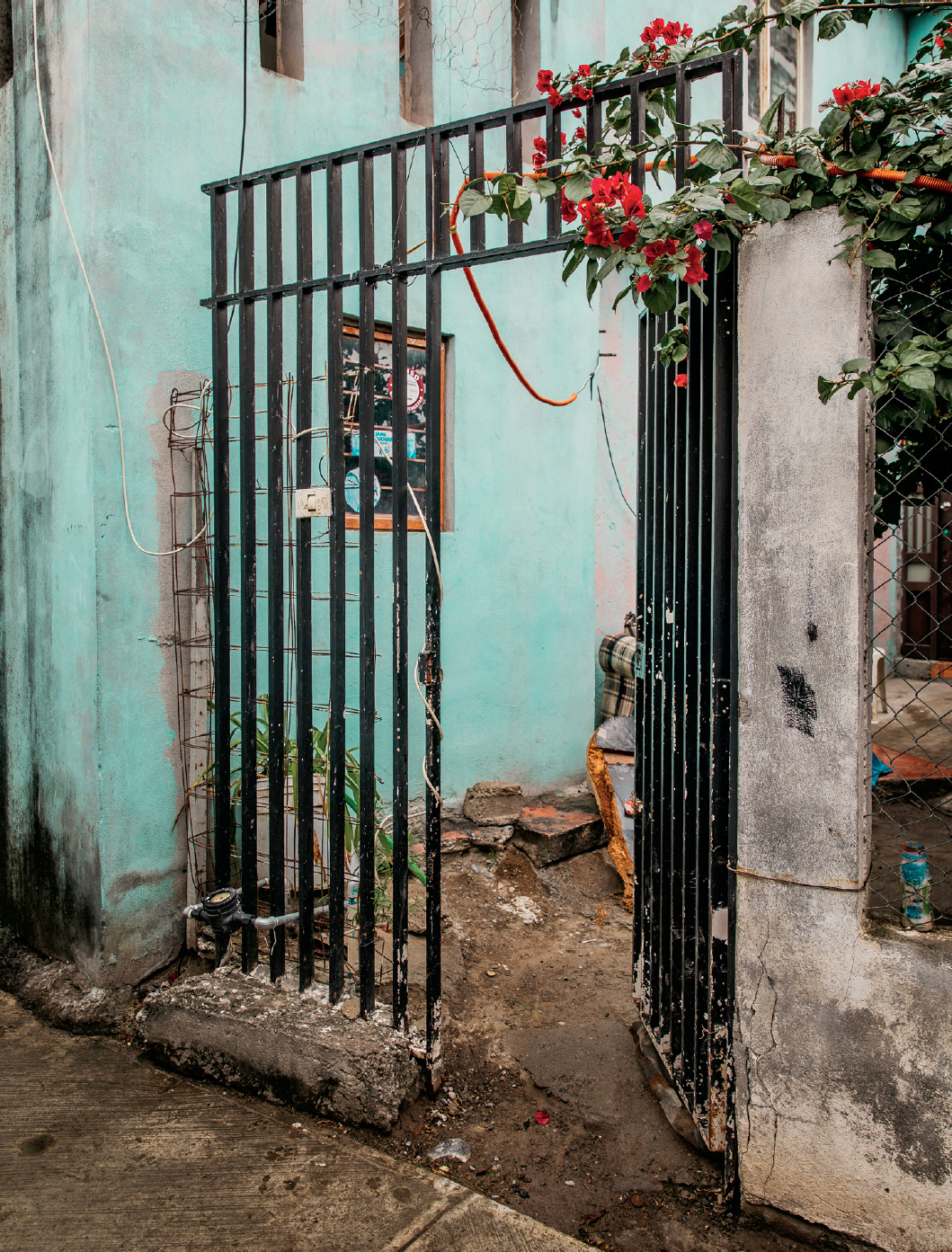 A partially open black metal gate leads to a pathway with uneven ground. The wall adjacent to the gate is painted turquoise, and there are small windows above it. Green foliage and bright red flowers cascade over the top of the gate. The surrounding area appears worn, with patches of dirt and stones visible on the ground.
