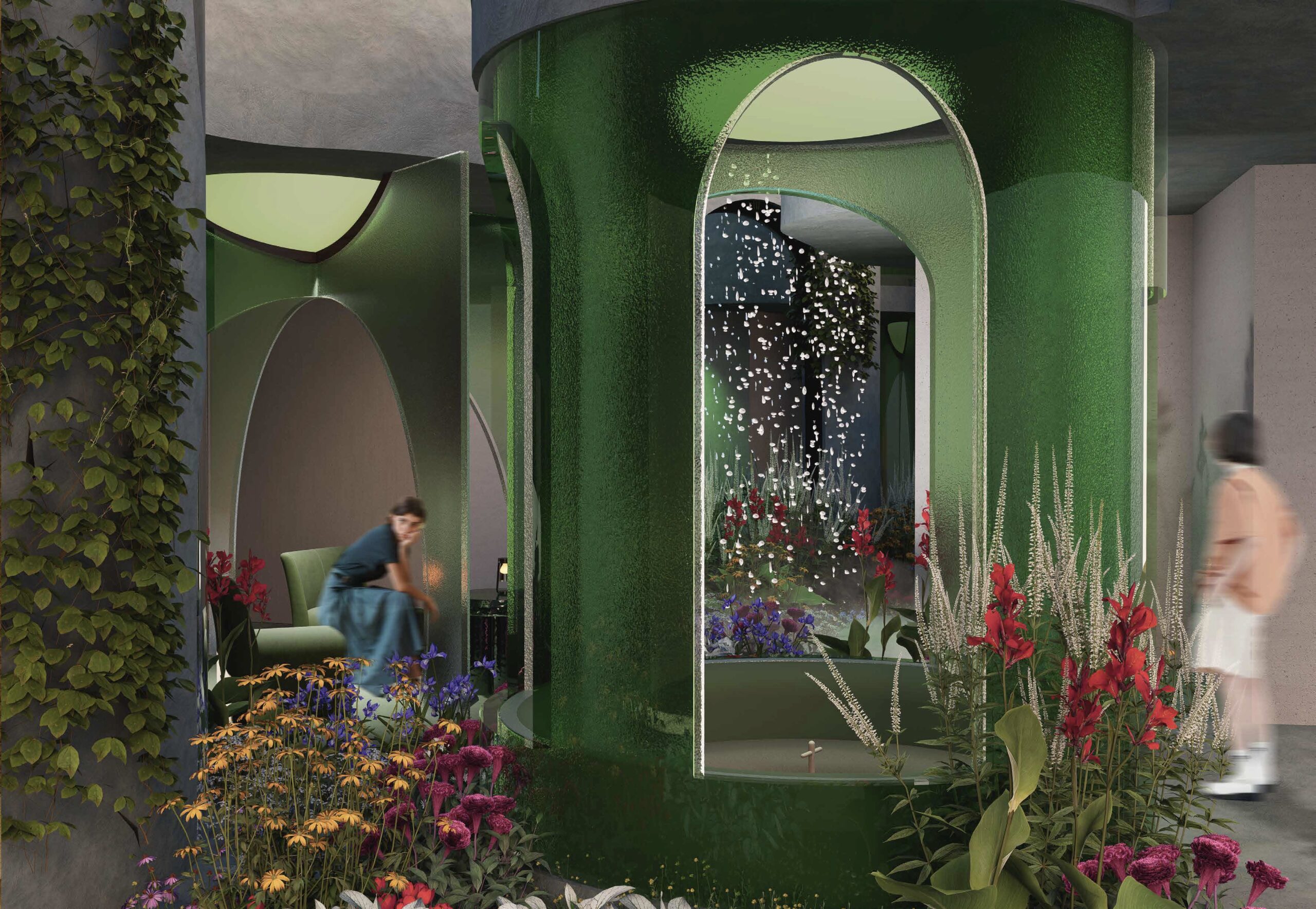 A hotel-like space with dim lighting , seats, and plants. Multiple people are walking around and sitting down.