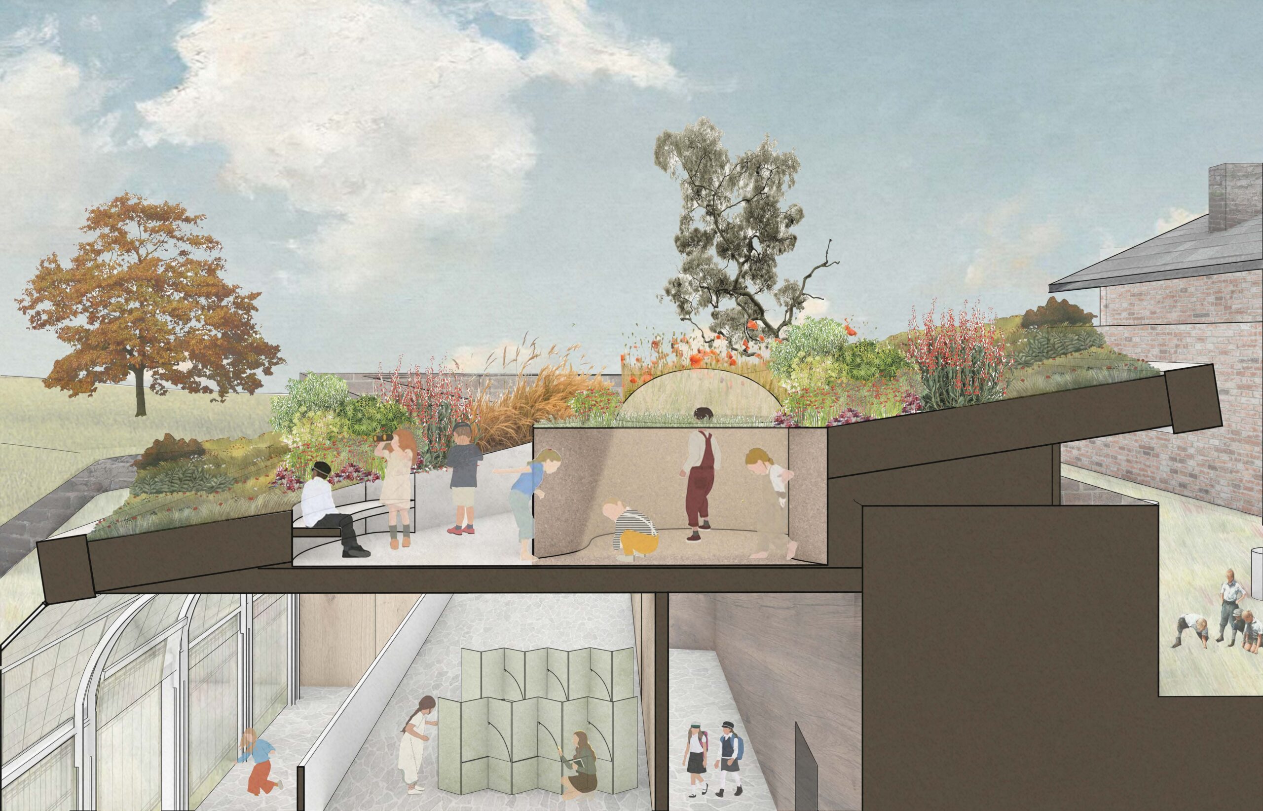 Architectural section rendering showing a green rooftop garden and subterranean play spaces with children engaging in activities, surrounded by plants and soft landscaping.