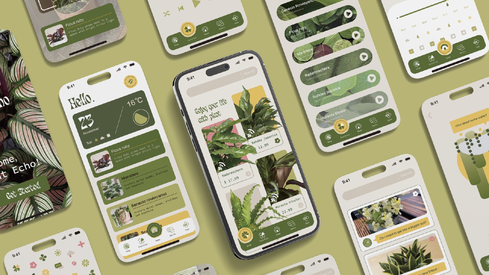 Mockup of a plant care and shopping mobile app displayed across multiple smartphone screens, featuring green-themed UI elements, plant names, prices, and weather integration.