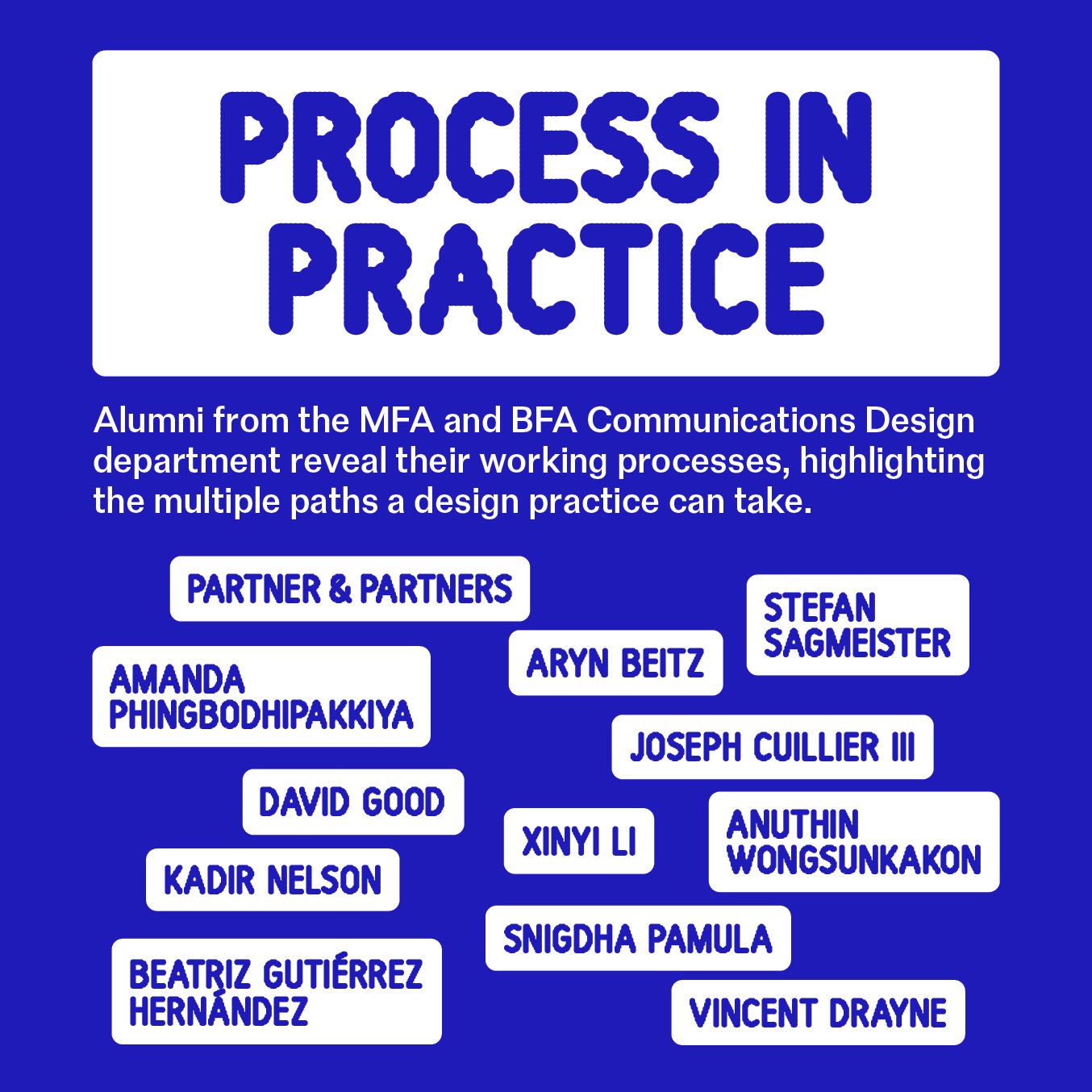 Process in Practice headline with subhead reading Alumni from the graduate and undergraduate programs in communications design reveal thier working processes , highlighting the multiple paths a design practice can take. Followed by a list of names of designers in the show: Aryn Beitz, Joseph Cuillier III, Vincent Drayne, David Good, Beatriz Gutiérrez Hernandez, Xinyi Li, Kadir Nelson, Snigdha Pamula, Partner & Partners [Greg Mihalko, Erik Riley, Zach Mihalko, Devika Sen, Lulu Johnson, Logan Heffernan], Amanda Phingbodhipakkiya, Stefan Sagmeister, Anuthin Wongsunkakon