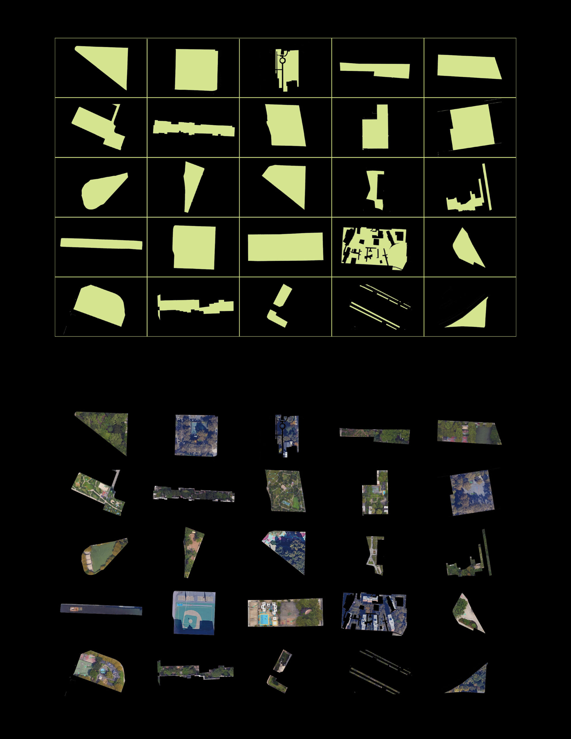 Grid of aerial images and shape silhouettes of various green spaces or land plots, with a top row of abstracted plot outlines and a bottom row of corresponding satellite map fragments on a black background.