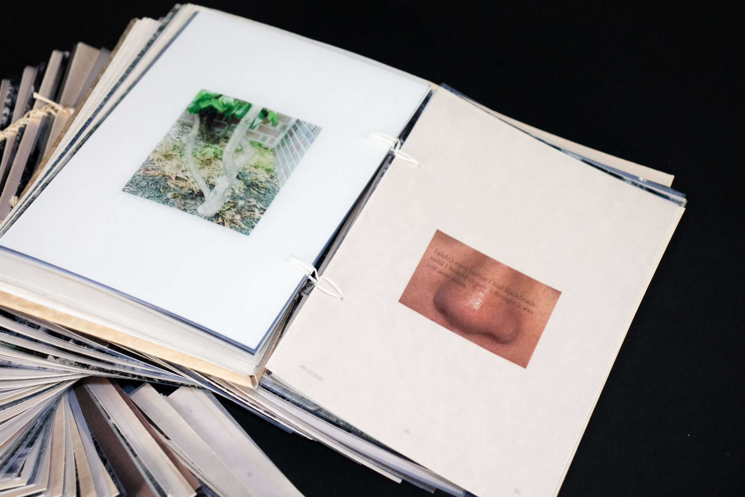 An open handmade book with transparent and semi-transparent pages, one showing a photo of tree roots and the other a close-up image of a nose with overlaid text, laid on top of a spread of similar booklets against a black background.