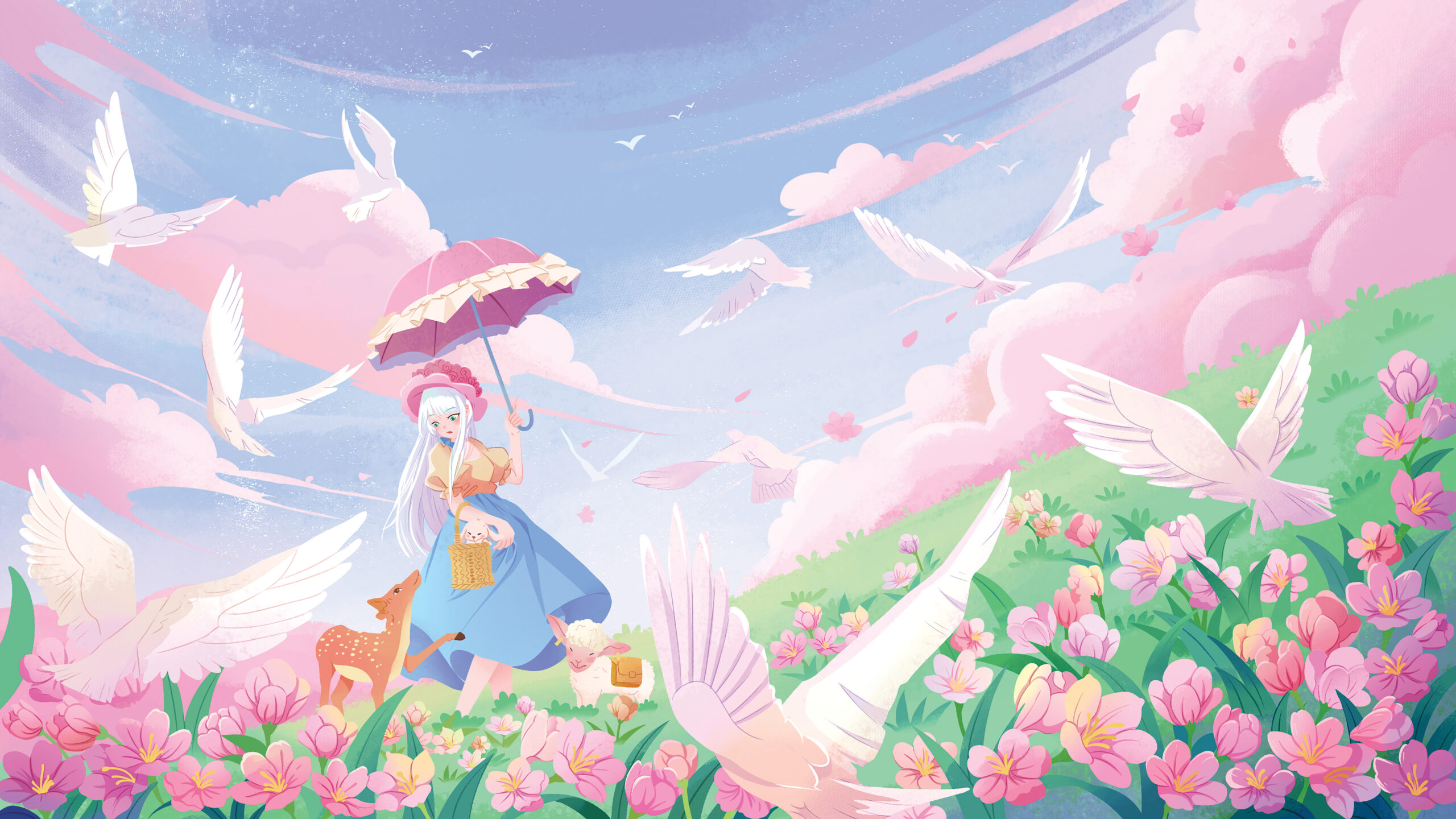 Whimsical spring meadow with a girl holding a pink parasol surrounded by blooming flowers, white birds in flight, and gentle animals like a deer and a lamb.