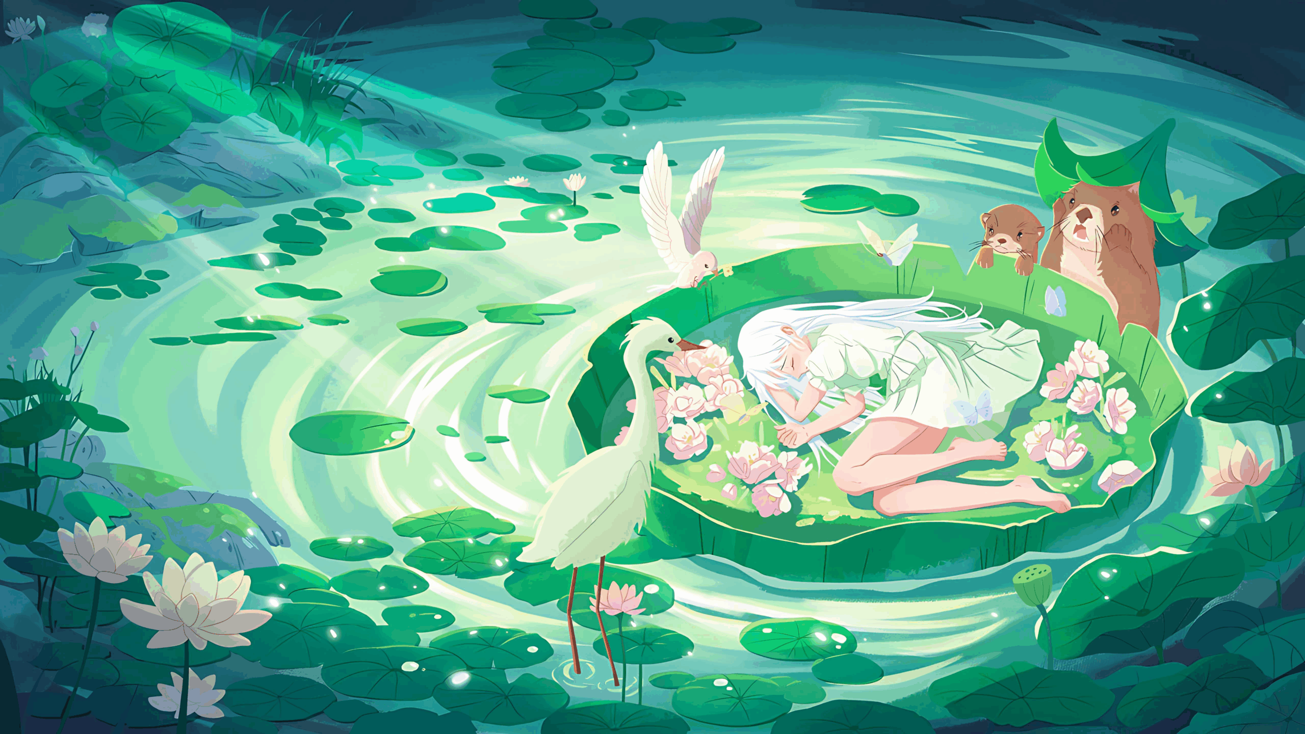Serene summer pond scene with a girl resting on a giant lily pad surrounded by lotus flowers, birds, and otters, illuminated by dappled green sunlight.