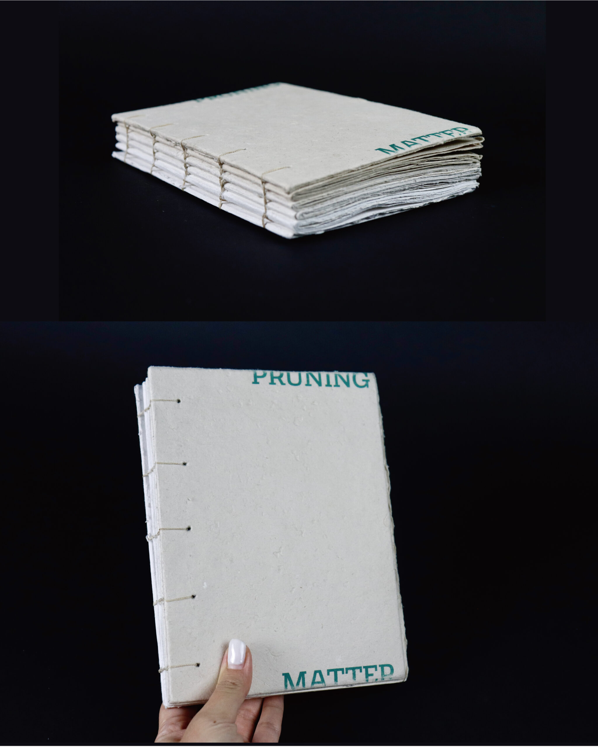 Handmade book titled 'Pruning Matter' shown in two views: one lying flat to display the exposed stitched spine, and another held upright to reveal the textured, off-white cover with green lettering.