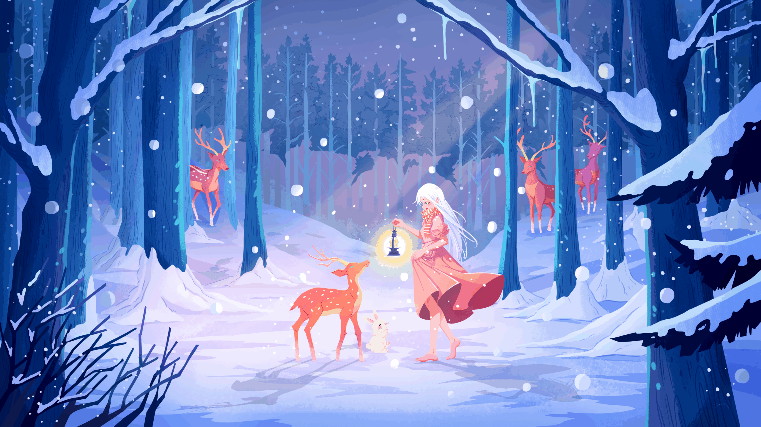 Magical winter forest with snow-covered trees, a girl holding a glowing lantern standing beside a deer and rabbit, while more deer appear in the snowy background.