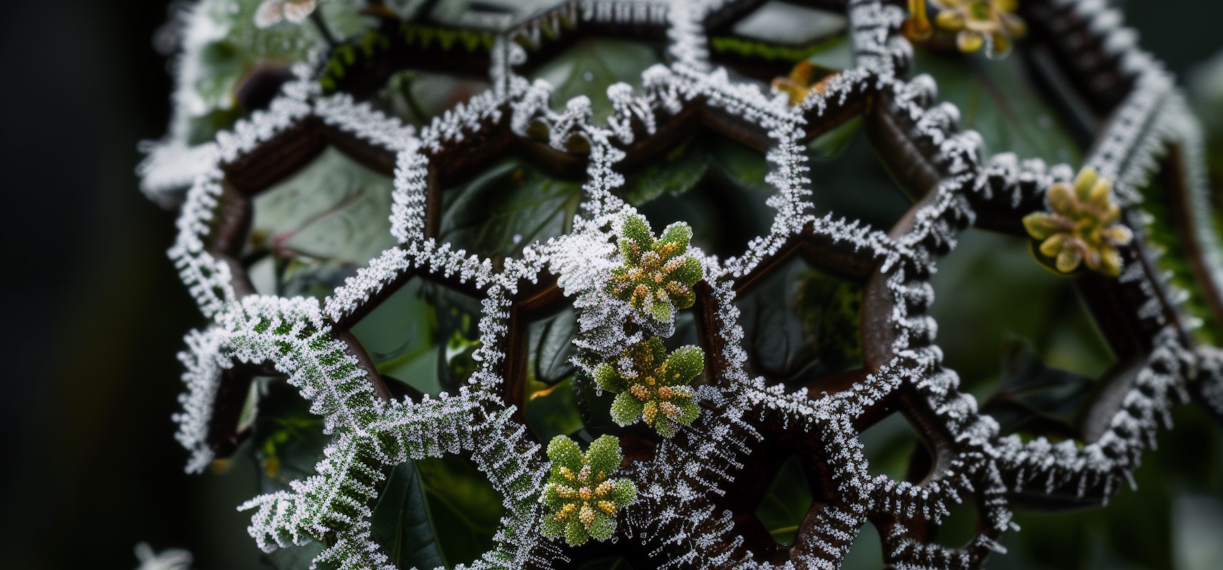 A close-up image of frost-covered hexagonal structures resembling a honeycomb, intertwined with green leaves and small yellow flowers. The frost creates a delicate, lace-like appearance on the edges of the shapes, adding a shimmering effect. The background is dark and blurred, highlighting the intricate details of the frozen design and the vibrant foliage.