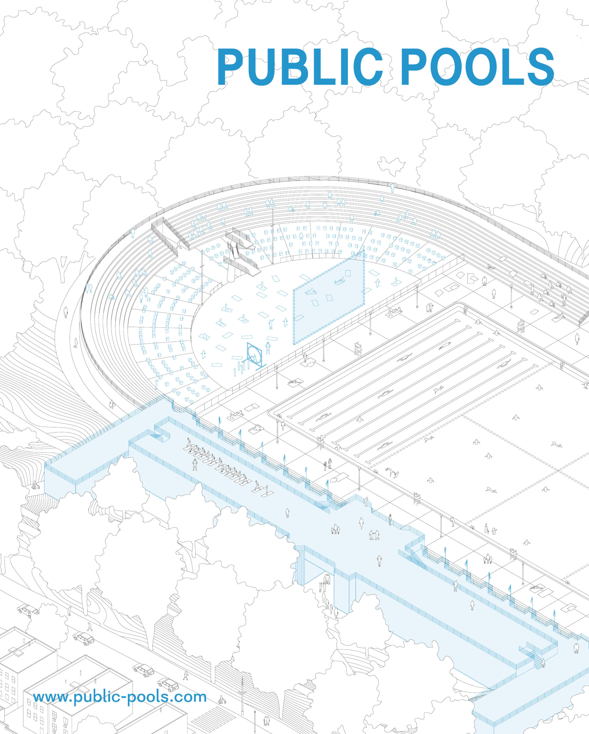 An architectural line drawing poster titled “PUBLIC POOLS” in large blue text at the top right. The illustration depicts a large outdoor pool complex with stadium-style seating around an open circular area, swimming lanes, and a broad deck with shaded spaces. Small outlined human figures populate the scene, engaging in activities. Trees and surrounding buildings frame the setting. At the bottom left, the website “www.public-pools.com” is printed in blue.