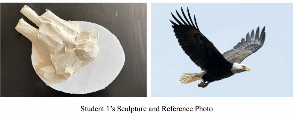A side-by-side comparison of a student’s sculpture and a reference photo. On the left, a taped paper sculpture on a circular base depicts simplified forms resembling the body and wings of a bird. On the right, the reference photo shows a bald eagle in flight with wings spread, its white head and tail contrasting against dark feathers.