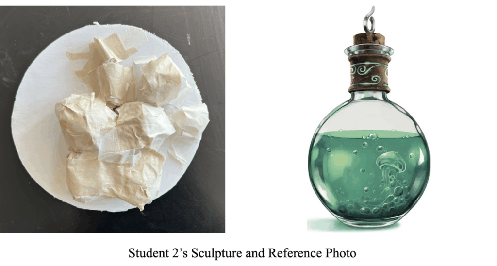A side-by-side comparison showing a student’s taped paper sculpture on the left and a reference image of a glass potion bottle on the right. The sculpture consists of multiple angular taped forms attached to a circular base. The reference image shows a round glass bottle filled with green liquid and sealed with a cork.