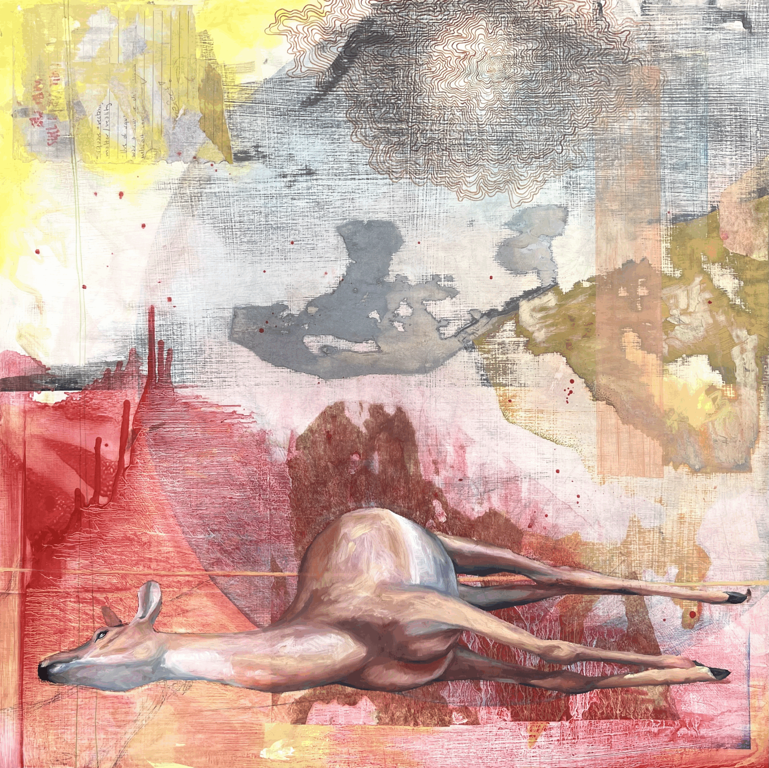 Mixed-media artwork featuring a surreal scene with a deer lying horizontally across a field of abstract red and yellow textures. Layers of washes, lines, and collaged marks create a chaotic but dreamlike atmosphere, blending figuration with abstraction.