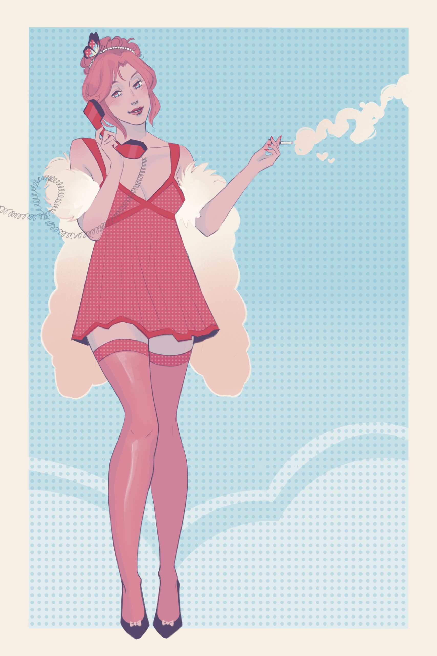 An illustration of a woman with pink hair styled in an updo, wearing a red dress, stockings, and heels, holding a red telephone in one hand and a cigarette in the other. She stands against a dotted blue background with clouds, and smoke from the cigarette curls into the shape of hearts.