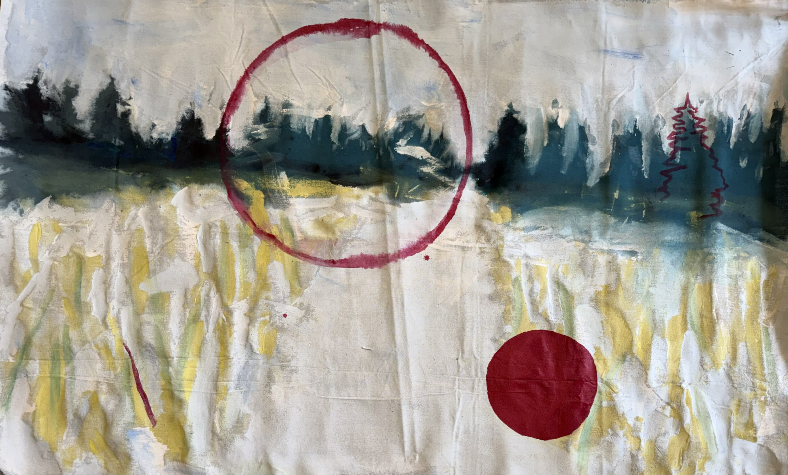 Abstract landscape painting with a hazy forest backdrop in teal and black. Two bold red circles overlay the image—one large, partially transparent circle and one smaller solid circle. The marks suggest both natural scenery and geometric interventions.
