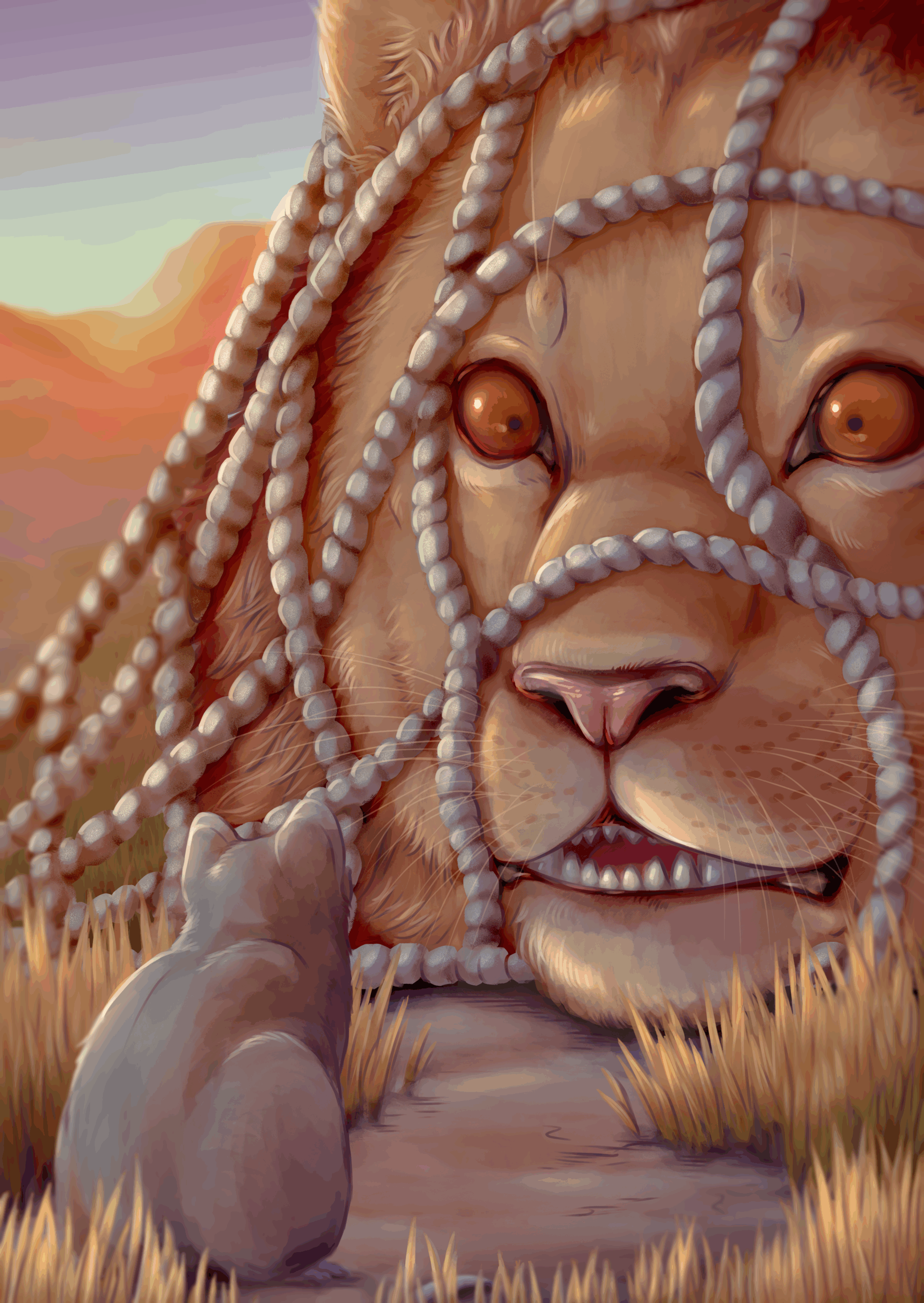 A digital painting of a large lion’s face, its features partially obscured by ropes netted across it. A small gray cat sits in the foreground, staring up at the lion. The background shows a warm, glowing sunset over grassy plains.