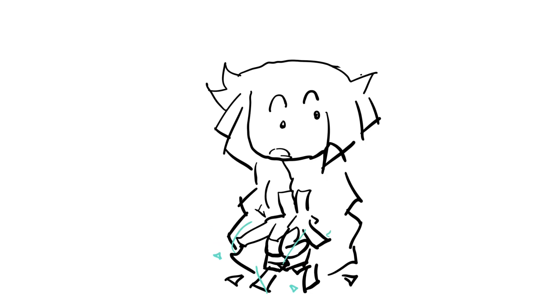 A simple line drawing of a cartoon character with wide eyes and a shocked expression. The character has spiky hair and is wearing a t-shirt and shorts. They are sitting on the ground, holding a smaller object or toy, with small energy-like lines emanating from their hands, suggesting they are interacting with it. The background is plain white.