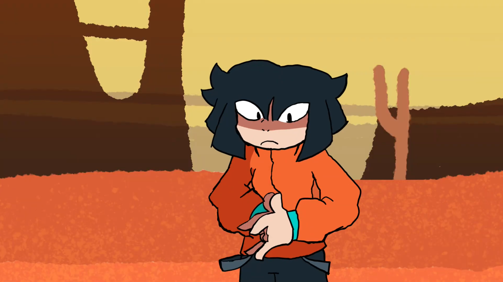 A frustrated animated character with dark hair stands in a desert landscape. They wear an orange jacket and blue undershirt, and are adjusting their clothing. The background consists of earth tones with a stylized sunset and cacti silhouette.