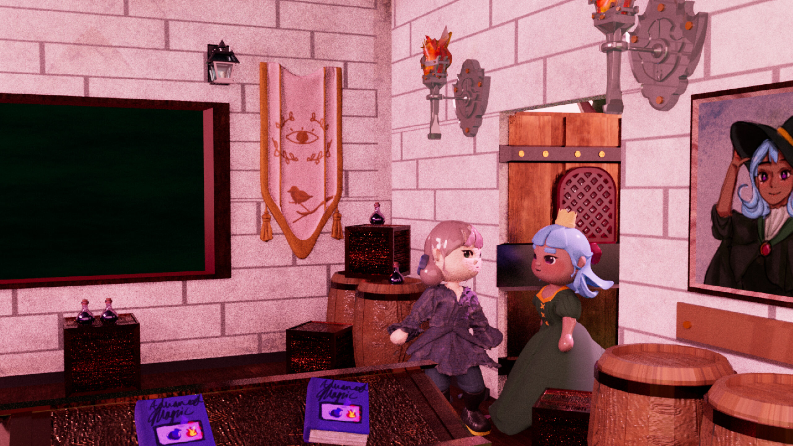 3D-rendered fantasy classroom scene with stone walls, torches, and banners. Two stylized characters, one with lavender hair in a tattered robe and another with blue hair in a green dress, stand near a wooden door. The room contains barrels, potion bottles, books, and a chalkboard, creating a whimsical magical academy setting.