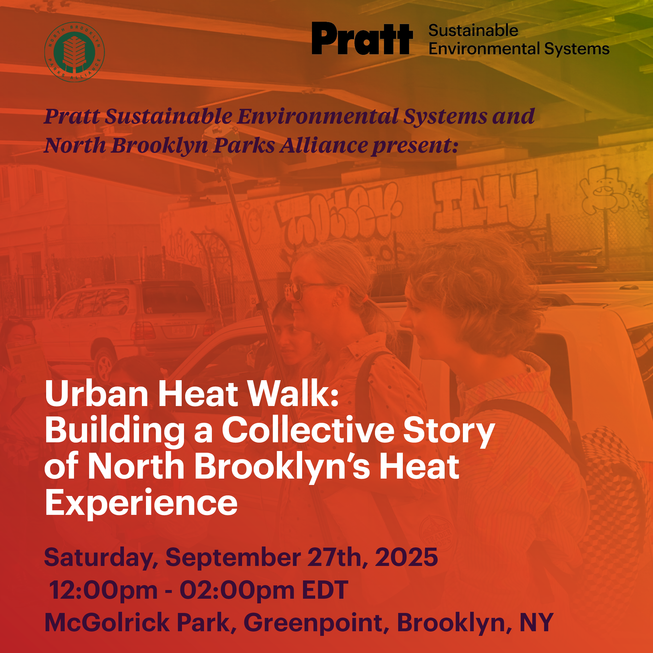 Text of event details overlayed on a photo of the participants standing on a street measuring air surface tempature.