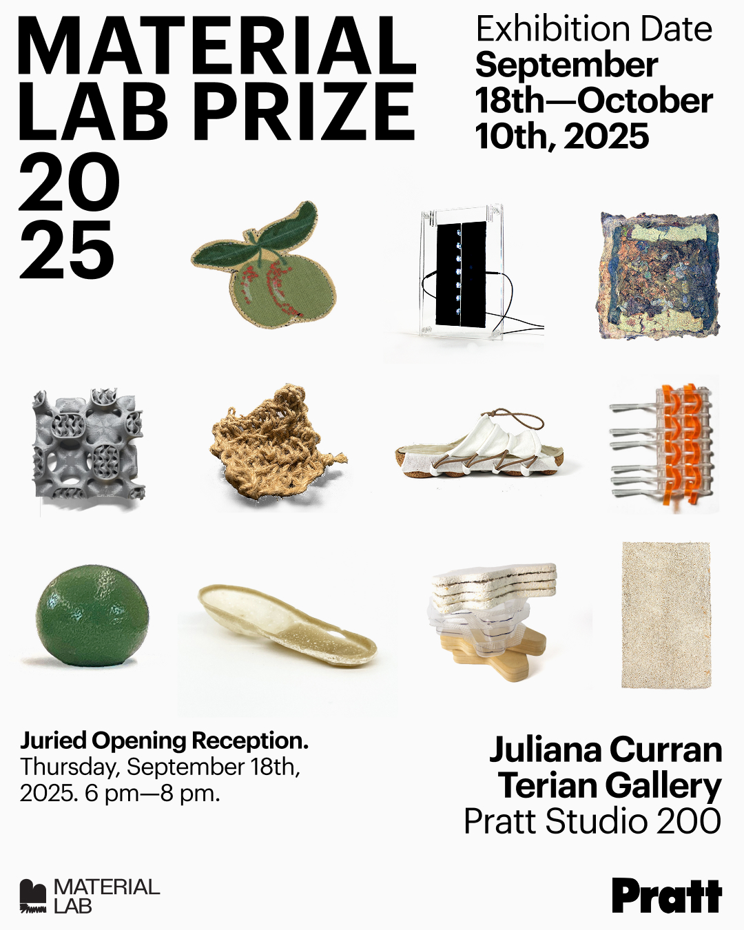 This image shows a collage of 11 photos of distinct physical, sculptural objects that will be displayed in the exhibition. Each object is a detail of a larger object, making them almost abstracted icons standing in place of the full project, making the image overall more decorative than informative.