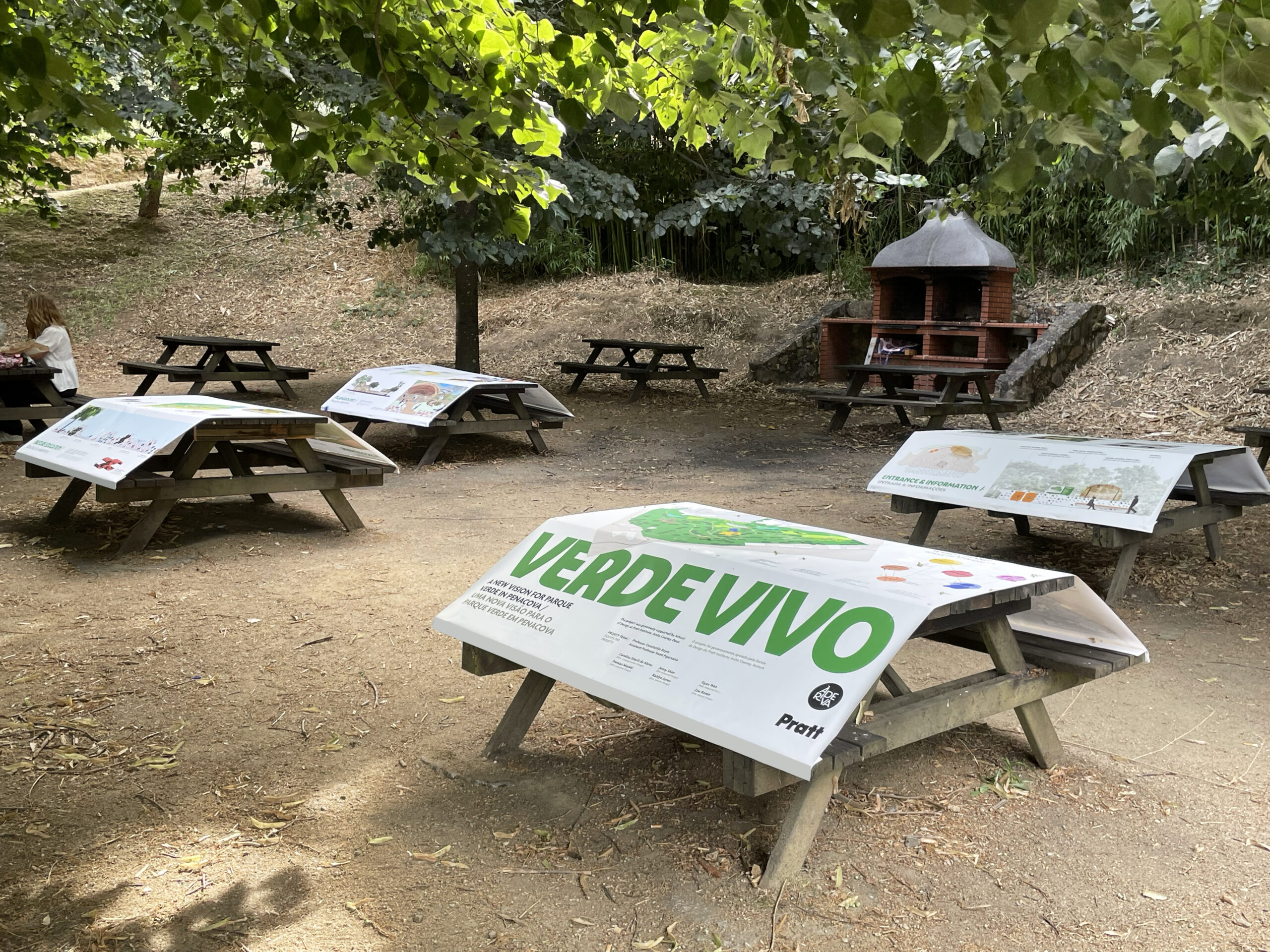 A shaded outdoor area with several wooden picnic tables, each displaying posters with the title "VERDEVIVO" prominently featured. Some tables have illustrations and information visible on the posters. In the background, a brick barbecue structure can be seen, and a person sits at one of the tables, contributing to a tranquil and natural setting. The ground is covered in dry leaves.