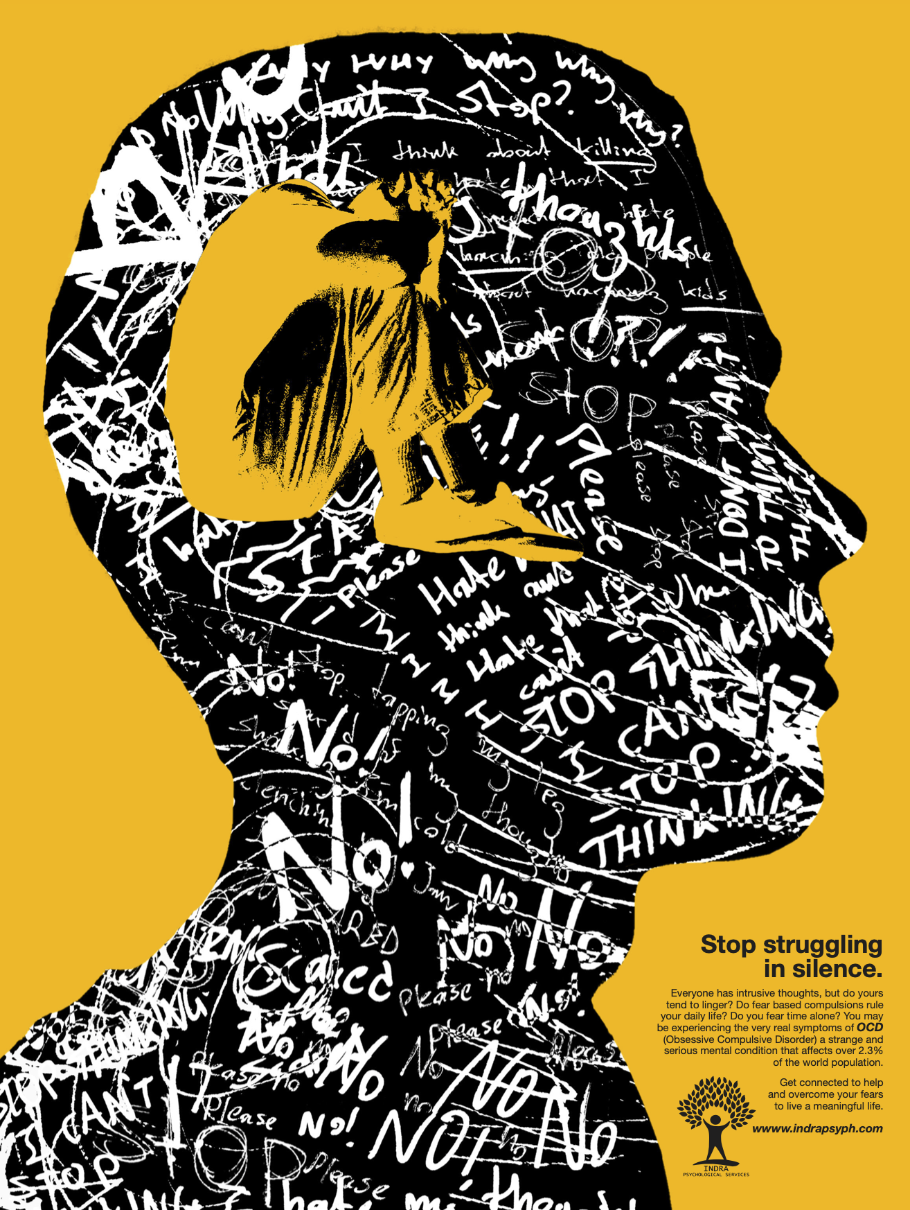 Illustration of a human head silhouette filled with chaotic handwritten white words like “No,” “Stop,” and “I can’t,” symbolizing intrusive thoughts. Inside the silhouette, a yellow figure sits hunched over with their head in their hands. The background is solid yellow, with text in the bottom right corner encouraging people with OCD to seek help, reading “Stop struggling in silence.”