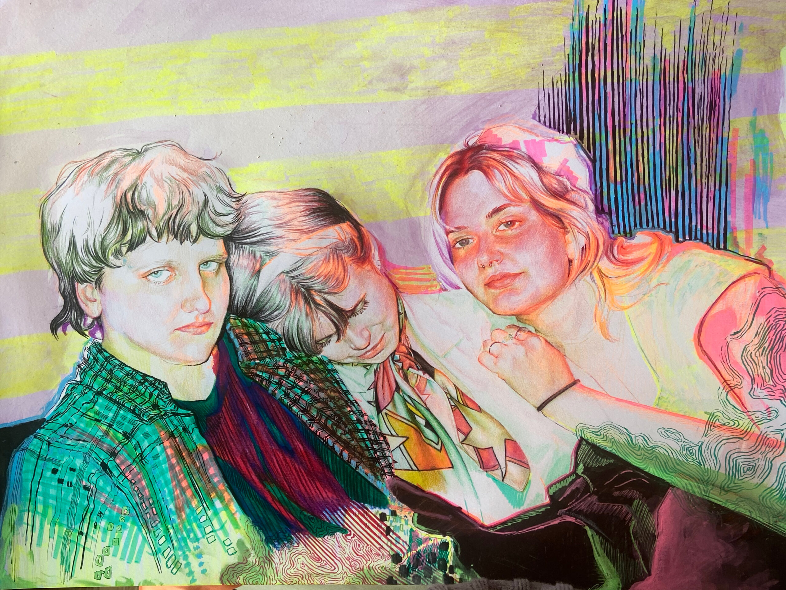 Figurative drawing of three young people seated closely together, rendered in vivid neon tones of pink, green, and yellow. The central figure rests their head on another’s shoulder, while the figure on the right leans forward with a soft expression. Stylized lines and patterns layer over the figures, creating a dynamic, contemporary portrait.