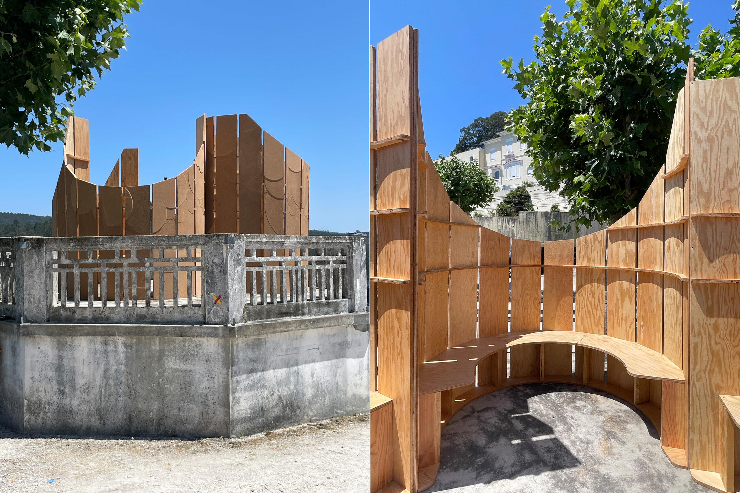 The image features two views of a unique wooden structure situated in an outdoor space. The left image shows the exterior, highlighting vertical wooden panels with a curved top and a circular base, surrounded by a concrete wall. The right image focuses on the interior, showcasing a curved bench and the smooth wooden walls. Bright blue sky and trees are visible in the background, indicating a sunny day.