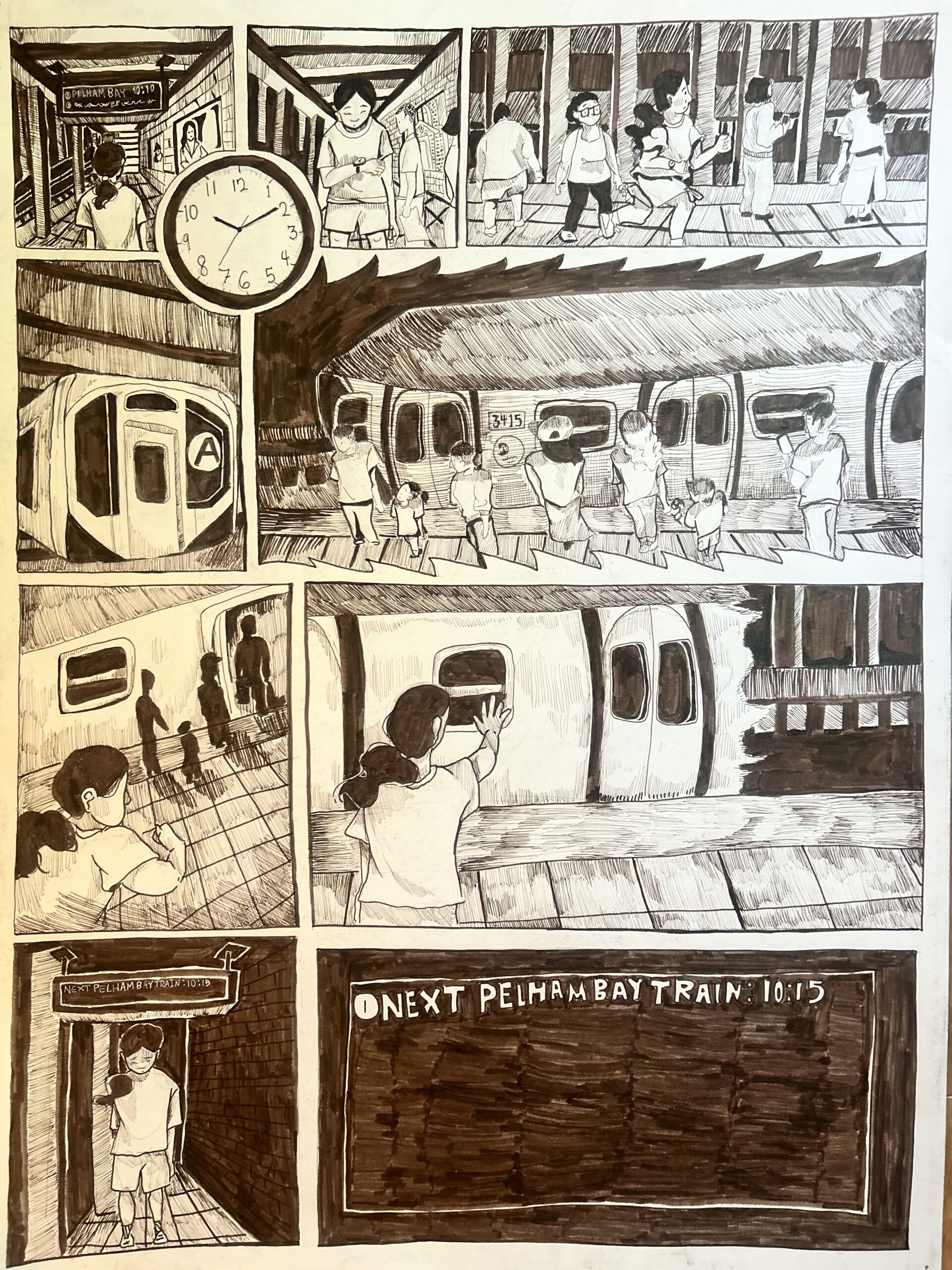 A comic strip illustrates a subway station scene. The top panel shows a clock, people waiting, and a sign for the Pelham Bay train. The second panel depicts a subway train arriving, with passengers, including a child holding hands with an adult. The third panel features a girl reaching out to the train window, looking back as others walk away. The final panel shows her walking alone, with a sign indicating the next Pelham Bay train arrival at 10:15.