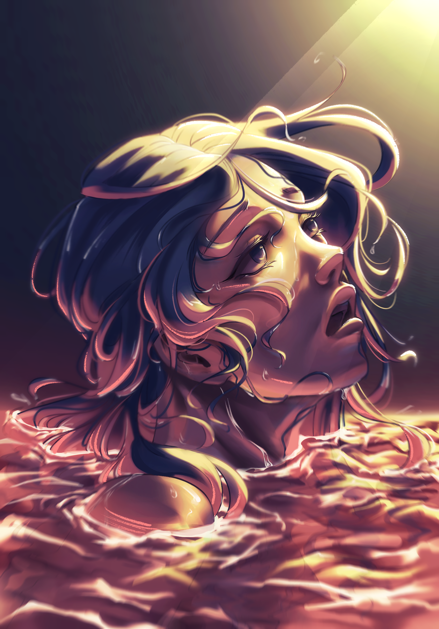 Dramatic digital painting of a person with long, flowing hair emerging from glowing water, head tilted upward toward a bright beam of light. Their skin and hair glisten with droplets of water, and the lighting emphasizes golden and magenta tones, creating a luminous, ethereal atmosphere.
