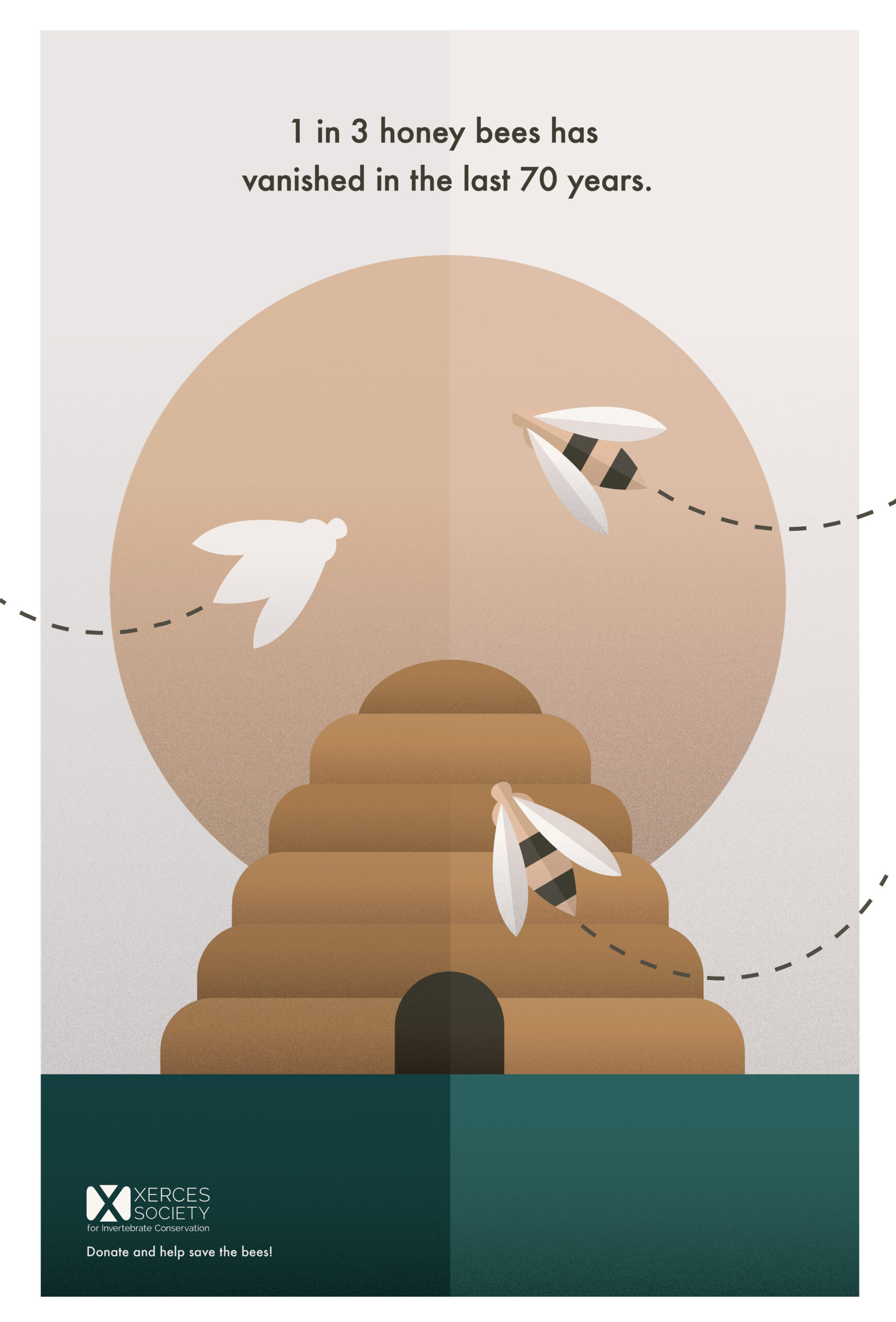 Poster-style graphic with a large beehive in the center and bees flying around it against a warm gradient circle resembling the sun. Text at the top reads, 