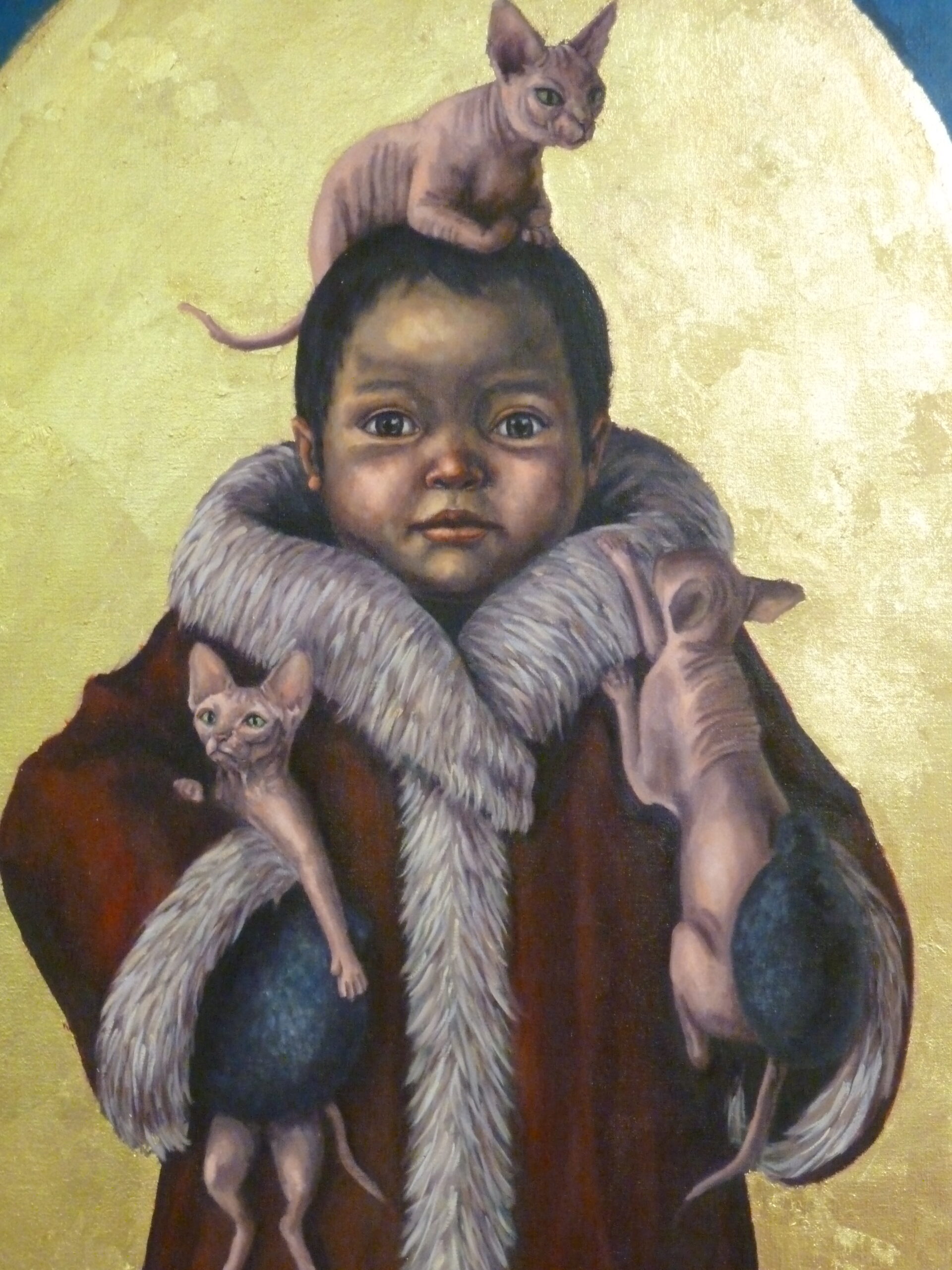 Oil painting of a child in a fur-trimmed brown coat, holding hairless sphynx cats. One cat perches on the child’s head, while two others drape across the arms. The background is gold leaf, creating an icon-like, reverent quality. The child gazes forward calmly.