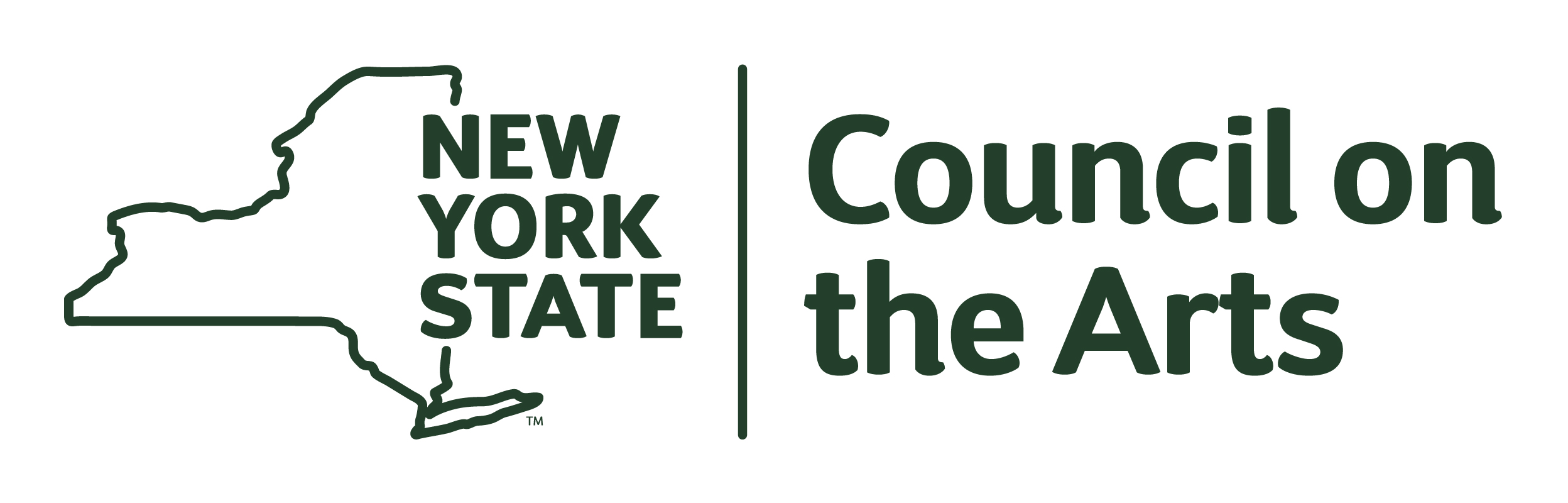 Logo for the New York State Council on the Arts. On the left is a dark green outline of the state of New York. To the right, bold green text reads “NEW YORK STATE” stacked vertically, separated by a vertical line from the words “Council on the Arts” in larger type. The design is clean and modern, emphasizing clarity and recognition.