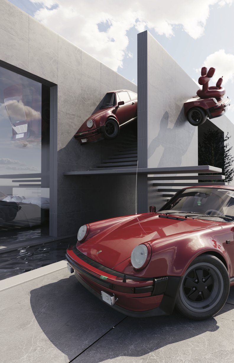 3D-rendered scene of a modern gray building with red vintage cars incorporated into the structure. One car is parked in the foreground, while two others protrude from the upper level of the building—one with a balloon-like sculpture on its roof. The reflective surfaces and sharp architecture contrast with the surreal car placement.