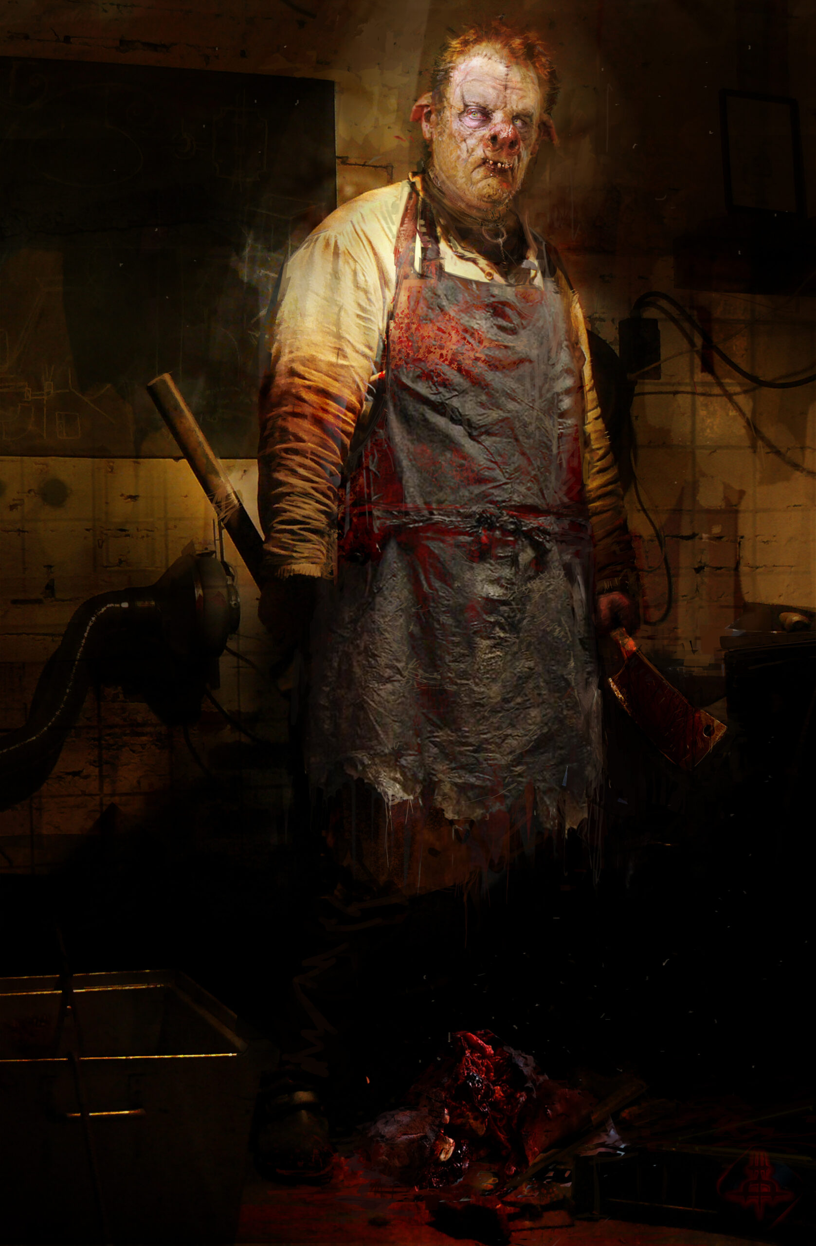 Dark horror-themed digital painting of a butcher-like figure in a bloodstained apron holding a cleaver. His skin is disfigured and zombie-like, with a grotesque expression. He stands in a grimy, dimly lit room with a mutilated mass of flesh on the floor, evoking a disturbing and violent atmosphere.