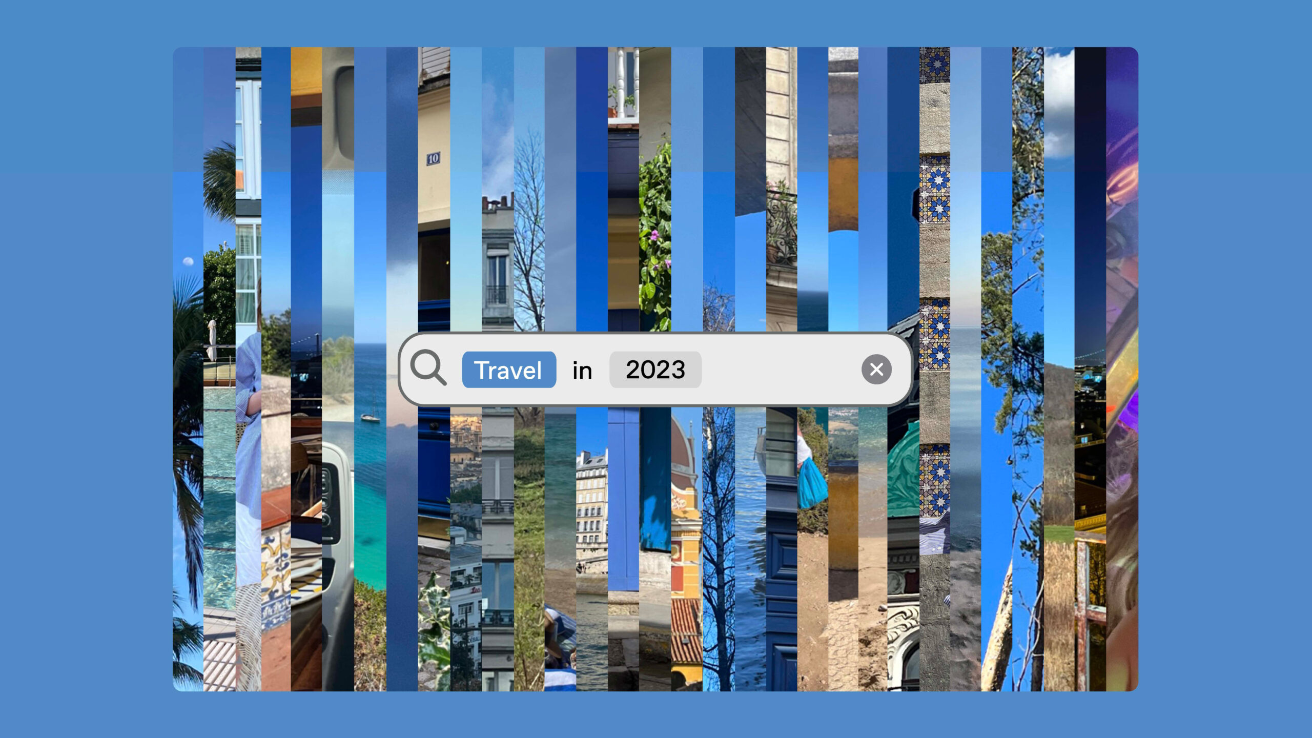A collage of vertical strips showcasing various travel destinations, primarily in shades of blue. The strips feature images of landscapes, architecture, and nature. A search bar in the center of the image displays the text "Travel in 2023." The background is a solid blue color.