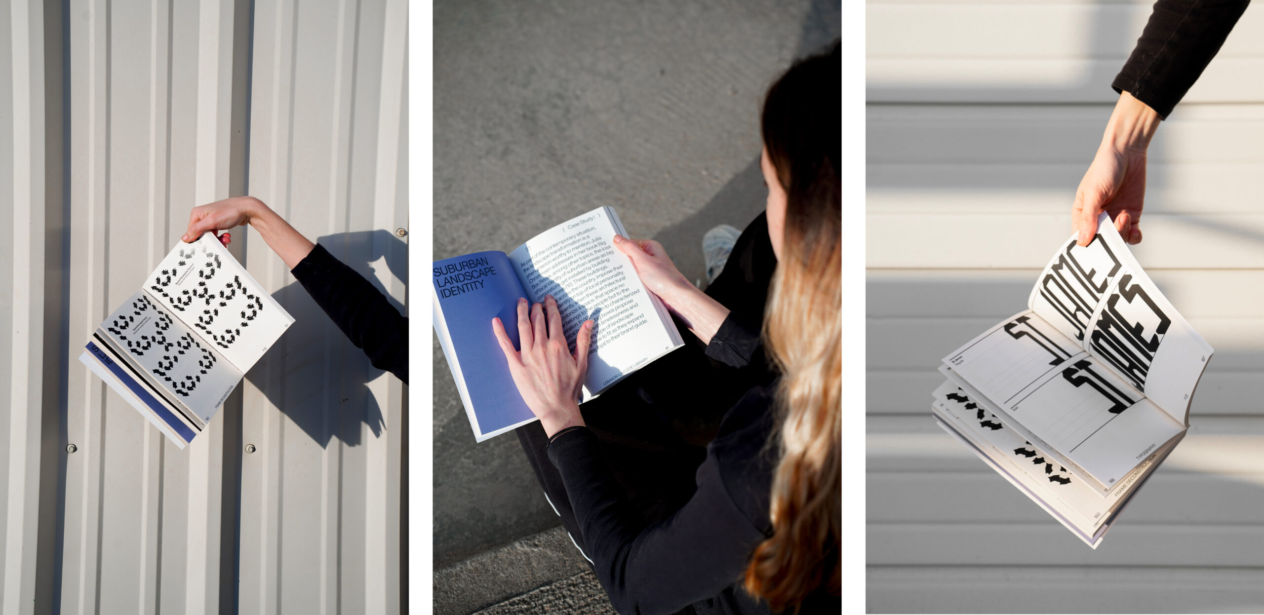 Three images display a person interacting with an open book. The left image shows a hand holding a page with abstract black patterns, set against a corrugated background. The center image features a person sitting and reading a page titled "SUBURBAN LANDSCAPE IDENTITY," while the right image shows another hand holding a book displaying bold text pages. All images emphasize the design and content of the book.