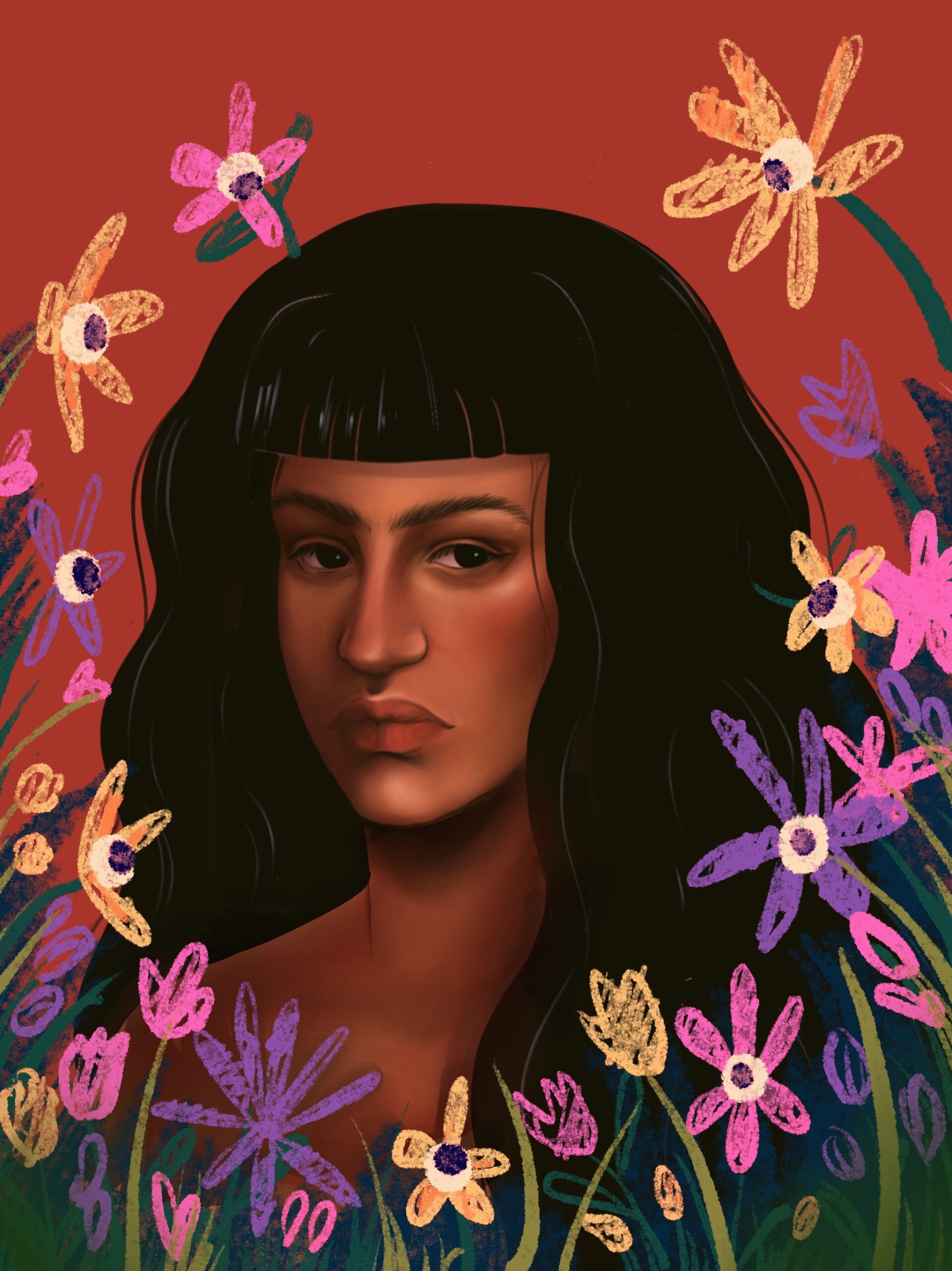Digital illustration of a woman with long dark hair and blunt bangs, set against a solid red background. Her expression is serious and contemplative. She is surrounded by colorful, hand-drawn flowers in pink, purple, yellow, and orange, with green stems and leaves framing her face.