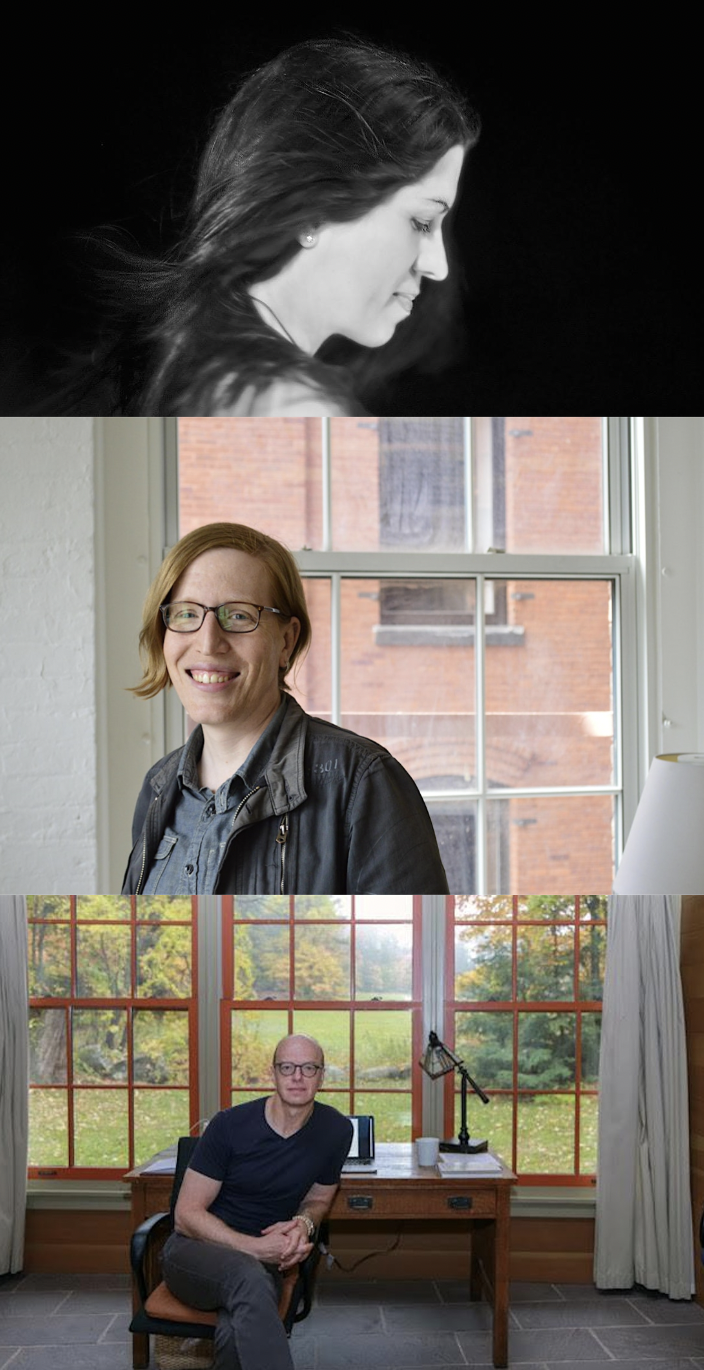 Top image: Black and white profile portrait of a woman with long hair flowing backward against a solid black background. Middle image: Person with short light brown hair, glasses, and a dark jacket smiling in front of a window with a brick building outside. Bottom image: Person with glasses and a dark shirt seated beside a wooden desk with a lamp, mug, and laptop, with large windows showing a grassy landscape and trees behind them.