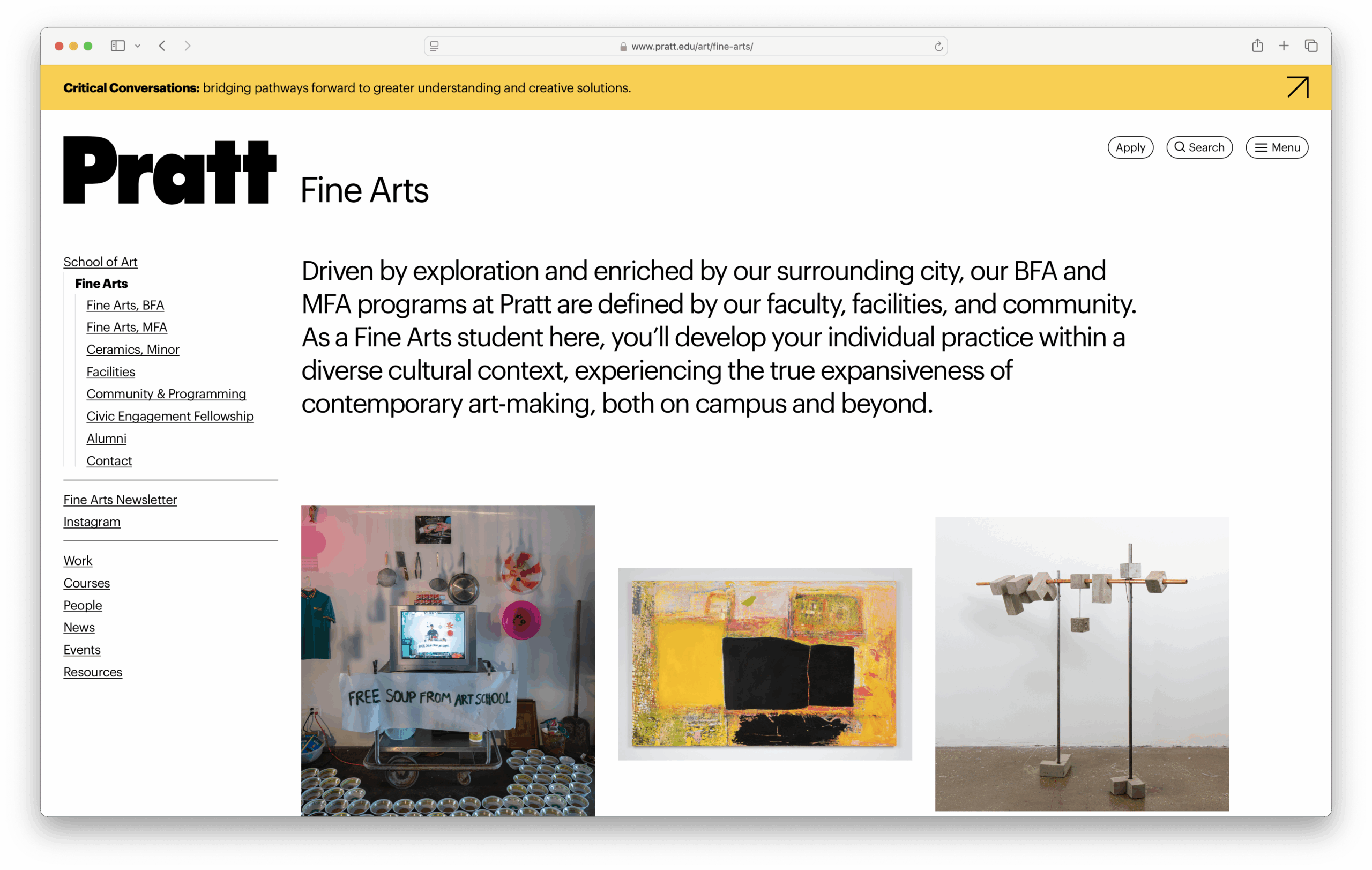 A webpage from Pratt Institute's Fine Arts program featuring a header with the Pratt logo and sections outlining the School of Art offerings. Below the text, there are three images: the left shows an art installation with various objects and a sign reading "FREE SOUP FROM ART SCHOOL," the center displays a colorful abstract painting, and the right features a minimalist sculpture with metal elements.