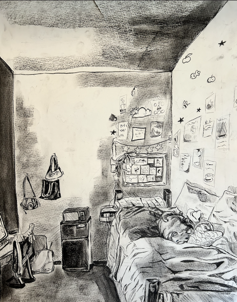 A shaded black-and-white illustration of a small, cozy bedroom. A bed is in the foreground, partially covered with blankets, and a person is sleeping. The walls are adorned with various drawings and notes, while a small fridge and microwave are on the floor beside a desk with some items on it. There are bags hanging on the wall, contributing to the lived-in feeling of the space.