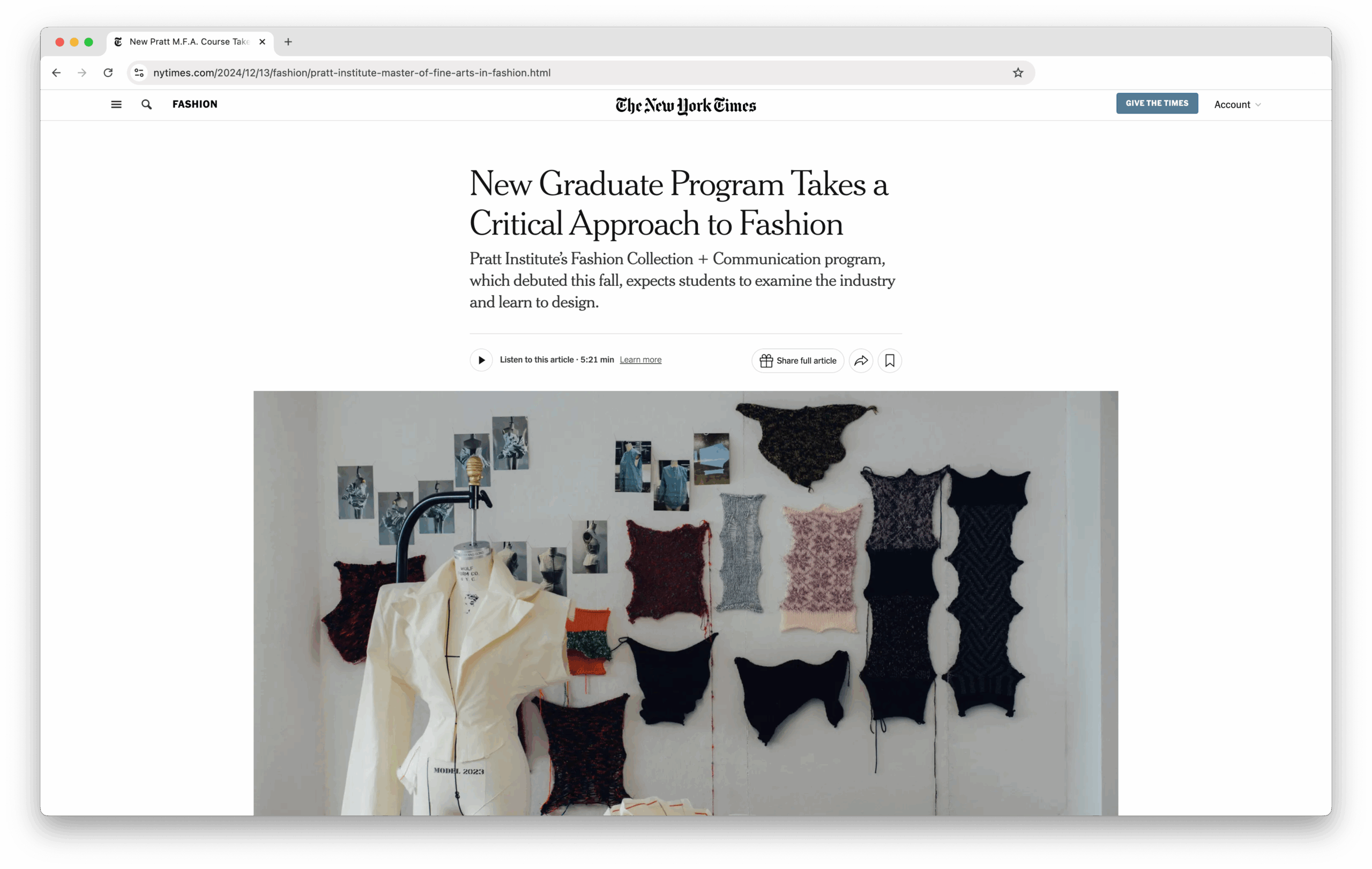 A screenshot of an article placed in The New York Times. The article features a photograph of a mannequin wearing a white blazer is positioned to the left, while various textile samples in different shapes and colors are displayed on the wall behind. The samples include pieces in shades of red, black, green, and pink, showcasing various patterns and textures. Small photos are pinned above the textile samples, featuring fashion designs and garments.