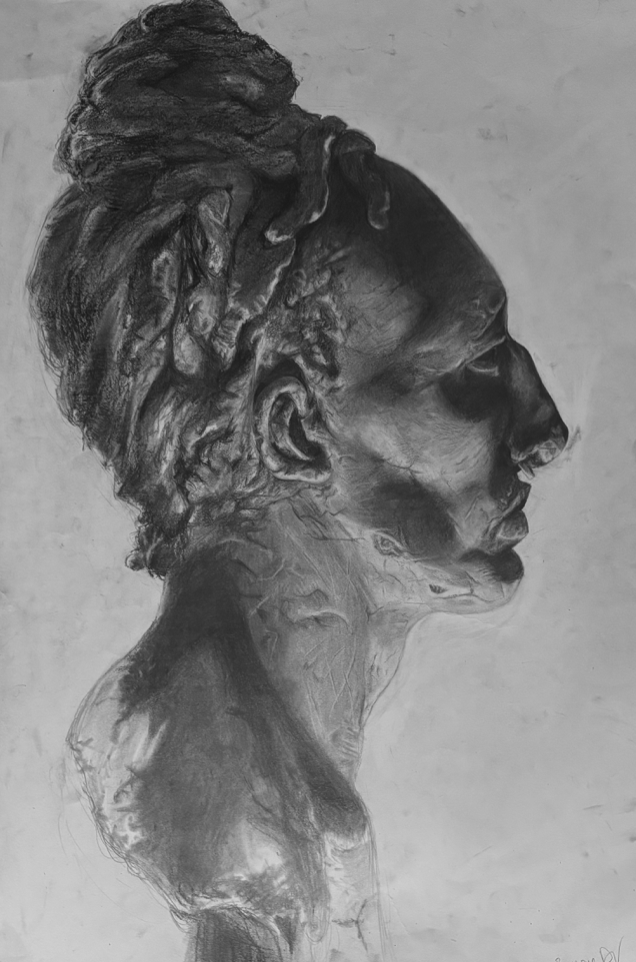 A detailed charcoal drawing of a human head in profile, showcasing intricate textures and shadows. The figure has a strong jawline and a prominent nose, with hair styled high and slightly messy. The light source creates highlights and deep shadows, enhancing the three-dimensional quality of the artwork against a plain background.