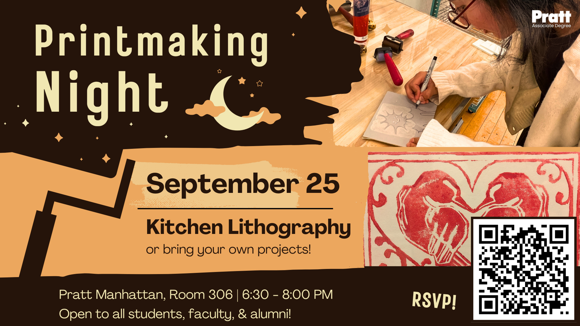 Printmaking Night, September 25 from 6:30 to 8:00 pm at the Pratt Manhattan, Room 306. Featured this wee: Kitchen Lithography. Open to all students, faculty and alumni.
