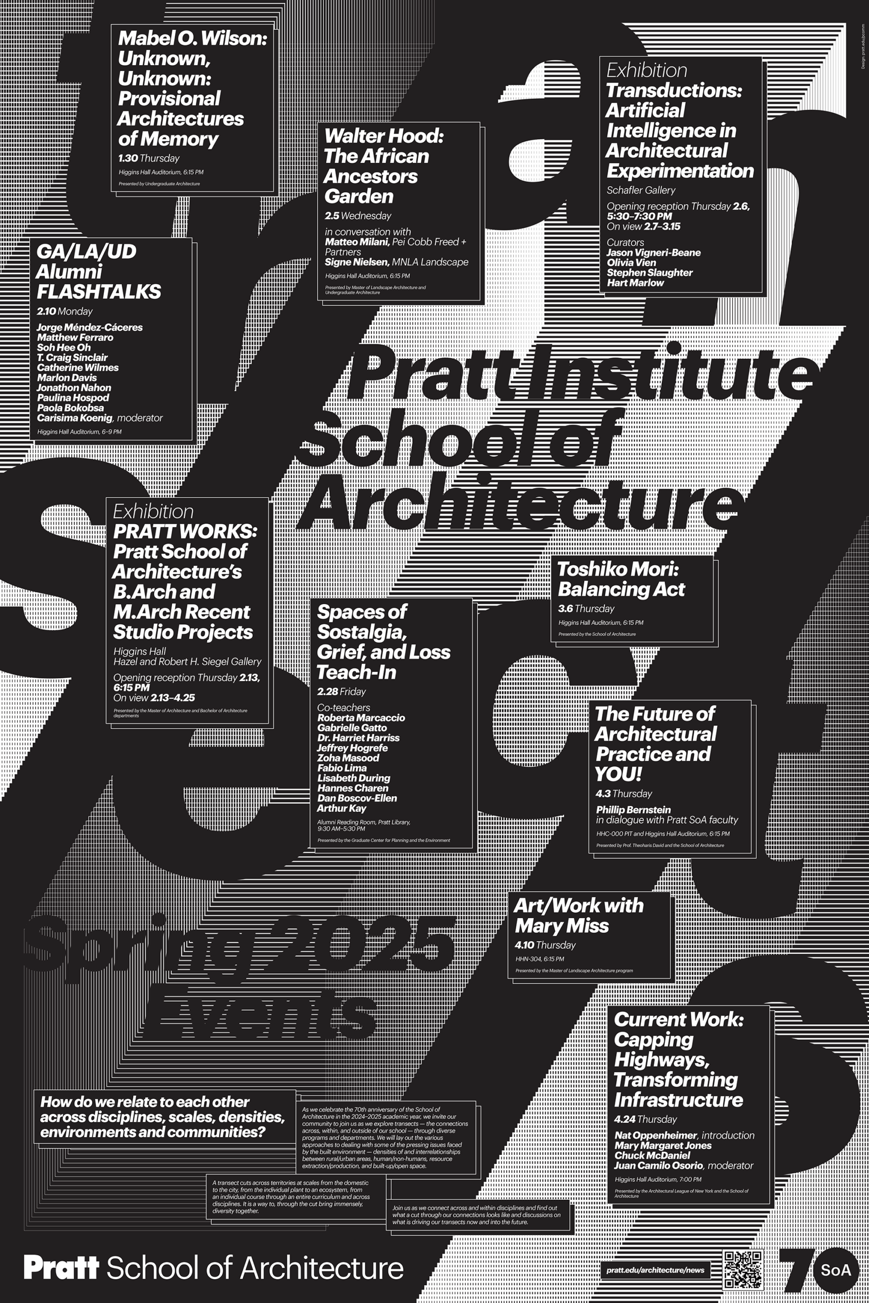 Black and white poster for the Pratt Institute School of Architecture featuring Spring 2025 events. Highlights include talks by Mabel O. Wilson, Walter Hood, and Toshiko Mori, along with exhibitions such as "Transductions: Artificial Intelligence in Architectural Experimentation" and "PRATT WORKS." Dates and times for various events are provided, along with a statement on community relation in architecture. The design uses large text and a grid layout to emphasize event titles and details.