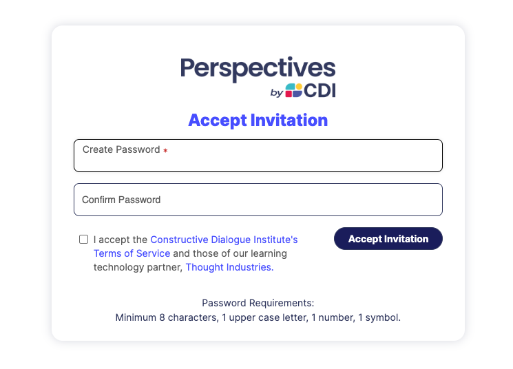 A login screen for a platform called "Perspectives by CDI". The form includes fields for creating and confirming a password, with a note about password requirements. There is a checkbox for accepting the Terms of Service, along with an "Accept Invitation" button. The design is clean and includes branding elements.