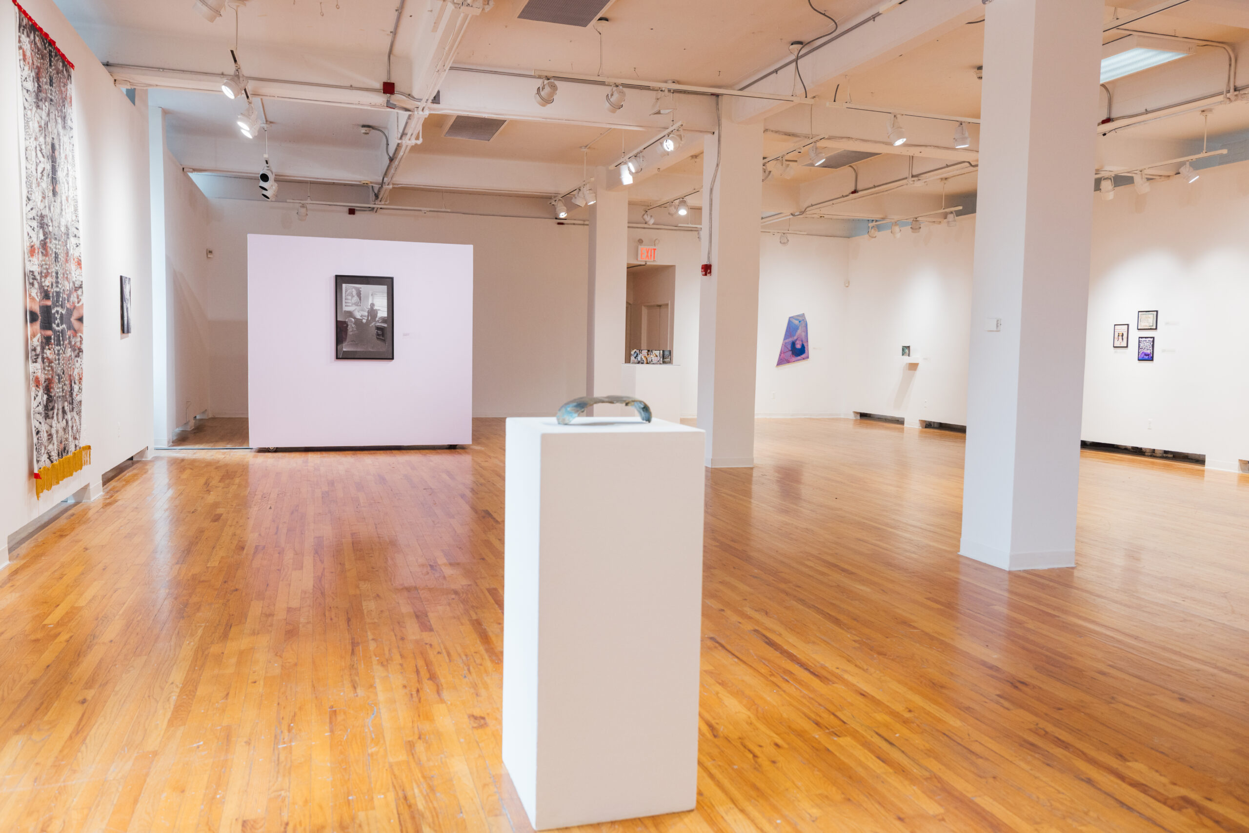 A spacious art gallery featuring wooden flooring, white walls, and bright lighting. At the center, a white pedestal displays a small, curved glass object. To the left, a colorful textile artwork hangs on the wall, while a framed black-and-white photograph is mounted on a pink wall in the background. Various framed artworks are visible on the right wall, creating a vibrant and inviting atmosphere for art appreciation.